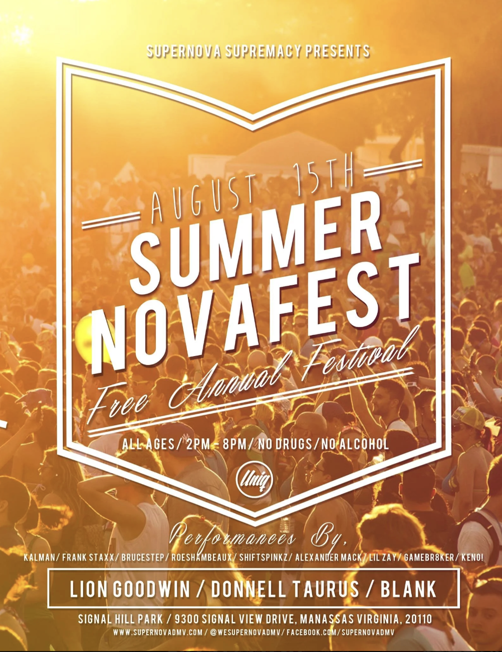Event poster for the Summer Novafest, a free annual festival on August 15th, from 2 PM to 8 PM at Signal Hill Park, featuring performances by Lion Goodwin, Donnell Taurus, and Blank, with a background of a crowd at sunset.