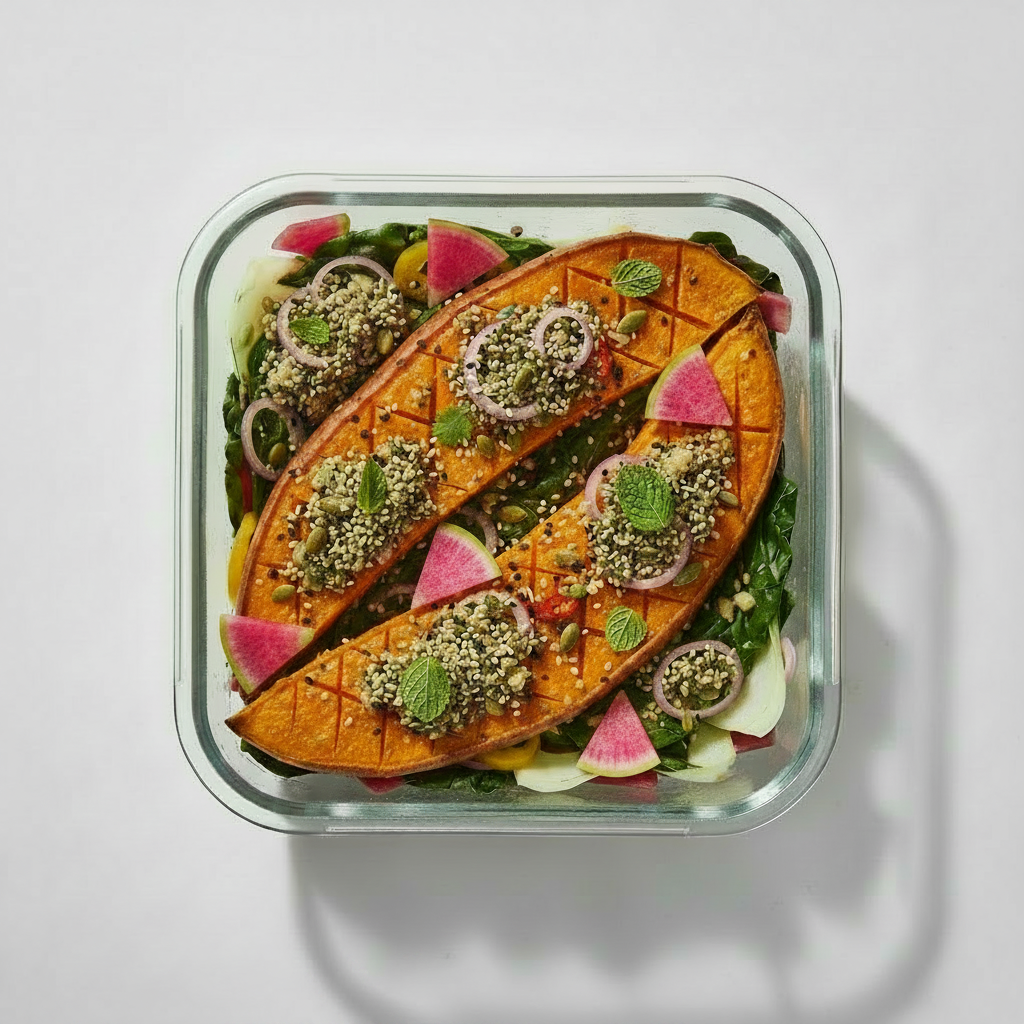 Maple Glazed Roasted Sweet Potatoes with Fennel Salsa Macha