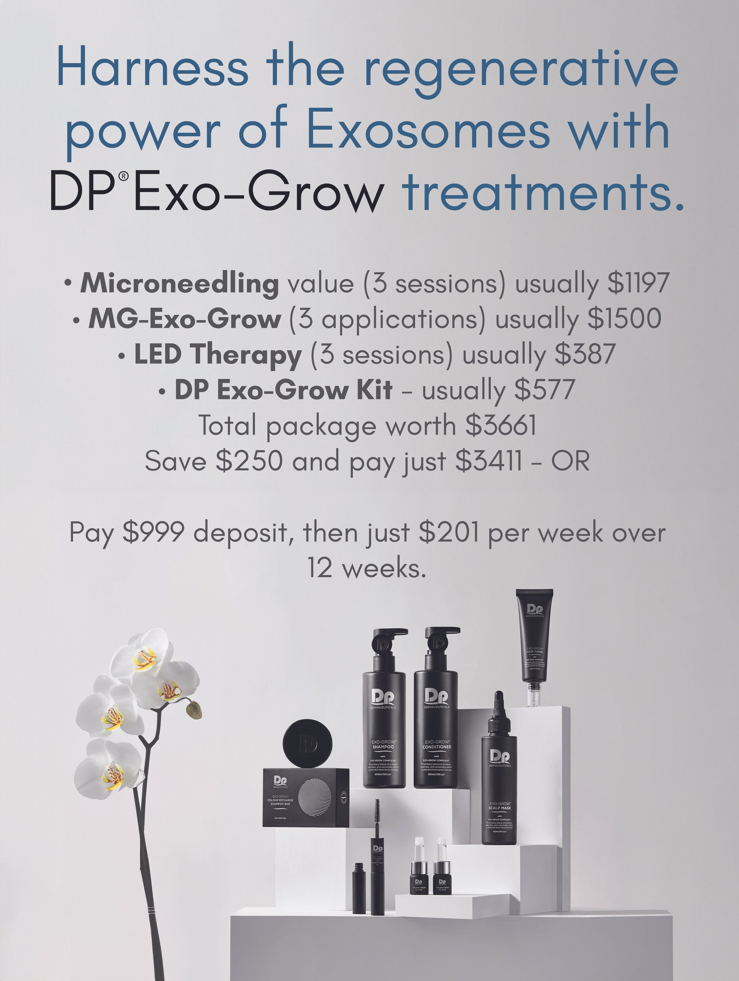 ExoGrow pricing - our DP ExoGrow microneedling package for hair restoration and hair growth