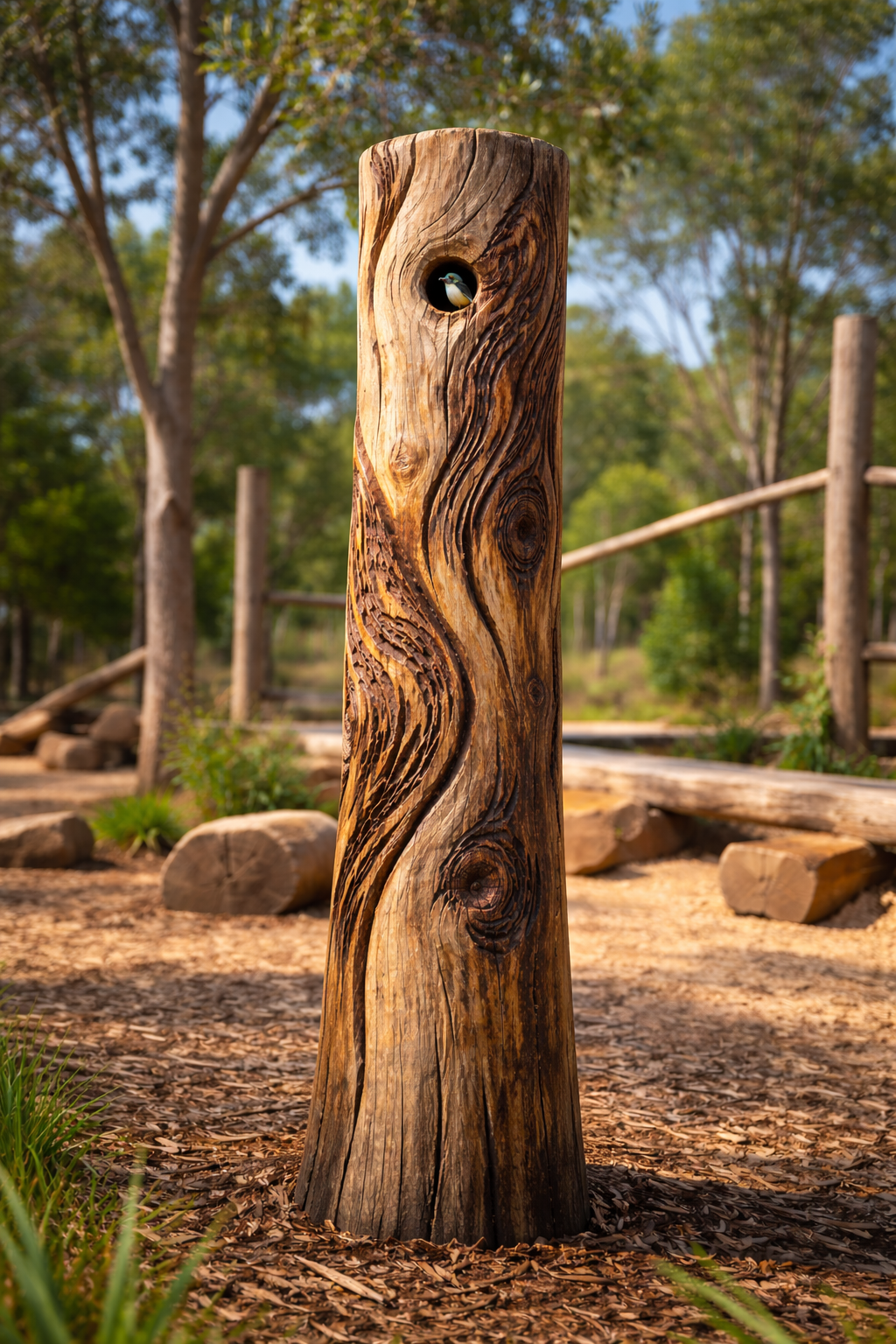 Large wooden nesting pole hardwood bush natural playground.png