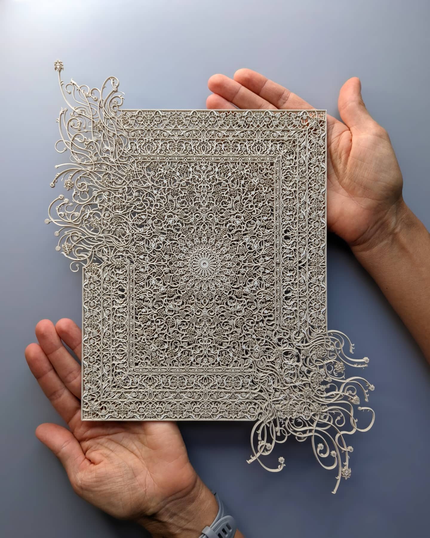 Continuing to evolve (and taking an awfully long time to cut each section)

Layered laser cut papers (15cm x 20cm)

#detailphoto #workinprogress 
#algorithm #script #handmade #lasercut #floraldesign #arabesque #sculpture #pattern #sculpture #decorati
