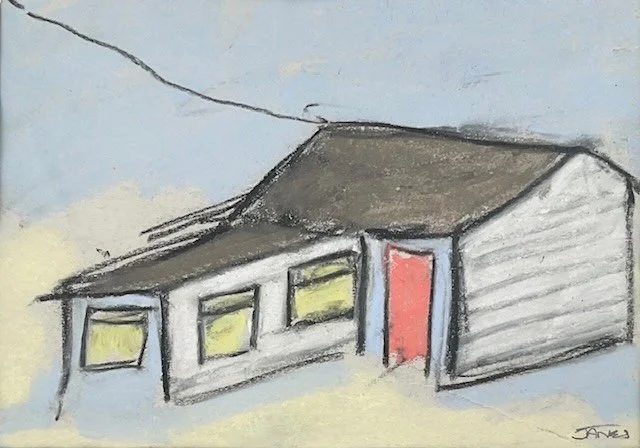 Gwithian Towans original chalet on the North Field by Chris Janes Art of Gwithian Towans, Cornwall.