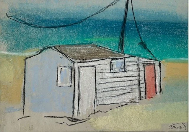 Sketch studies of Gwithian chalets in charcoals and pastels by Chris Janes Art of Gwithian Towans, Cornwall.
