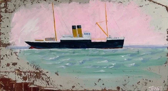 The SS Lyonesse.  Painted on drift wood found down at Peters Point. Chris Janes Art of Gwithian Towans, Cornwall.