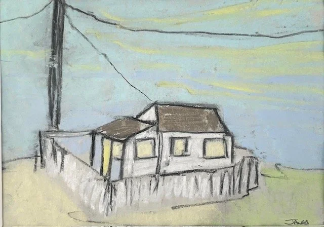 Charcoal and pastel studies of Gwitin Towans Chalets by Chris Janes Art of Gwithian Towans, Cornwall