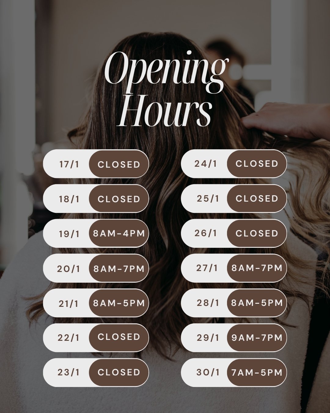 a gentle update regarding the salon

the salon will be closed on saturday 17 january, and again from thursday 22 january through to monday 26 january. during these periods, there will be no administrative support, appointments or retail purchases ava