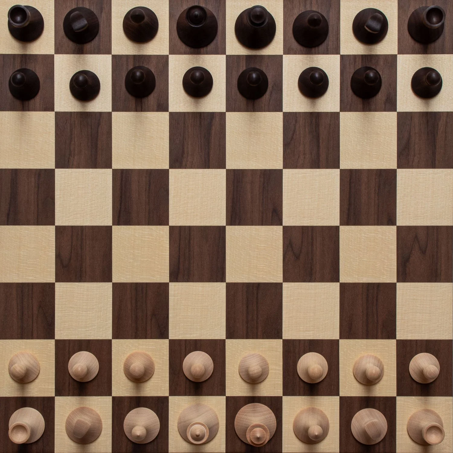 A chessboard with black chess pieces placed on the top row and white chess pieces on the bottom row, ready for a game.