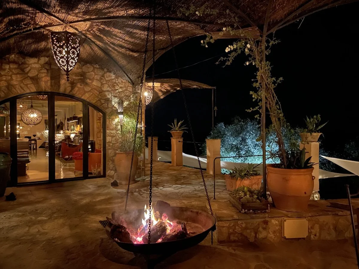 Fire place outside and colourful lights