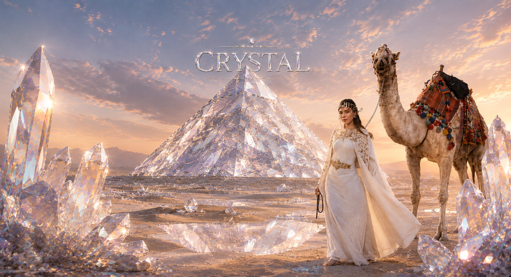 A woman dressed in a white gown with gold accents standing next to a camel decorated with colorful tassels and blankets, in front of a large, sparkling crystal pyramid and surrounded by large crystal formations, during a sunset with a cloudy sky and mountain in the background. The word 'CRYSTAL' is displayed above the pyramid.
