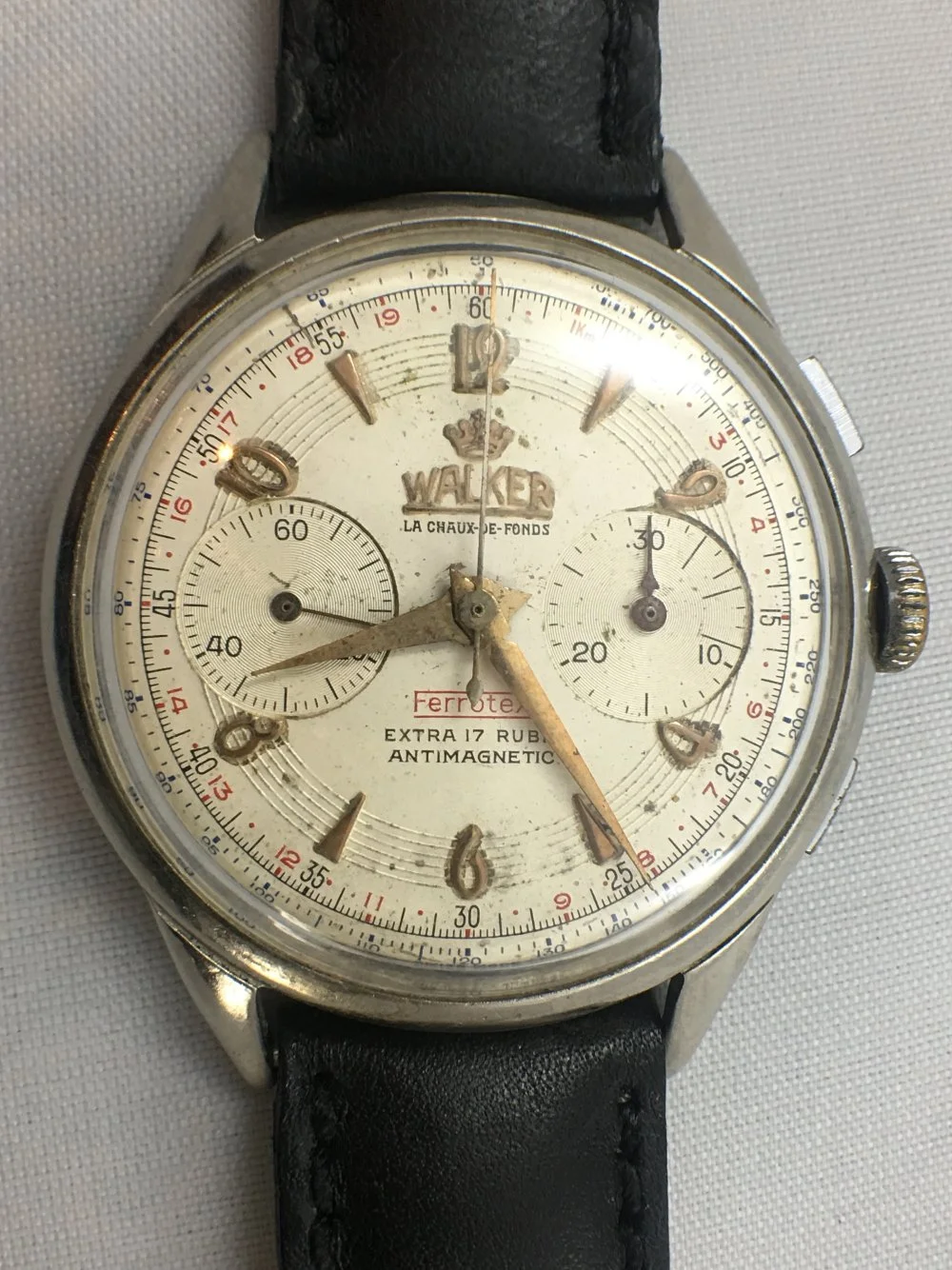 Cadran Rond De Montre Chronographe WALKER - 17 Rubis - Suisse - Couleur Argent - Neuf Jamais Monté