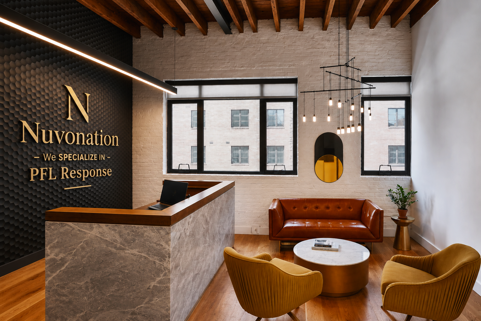 Modern reception area with a marble desk, leather sofa, yellow armchair, round coffee table, decorative mirror, plant, and large windows