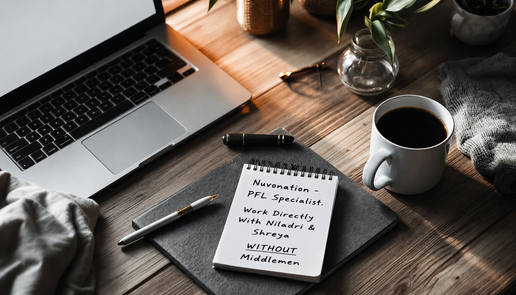 A workspace with a laptop, a notebook with handwritten notes about being a Nuvolation PFL Specialist, a cup of coffee, a pen, glasses, and some plants on a wooden table.