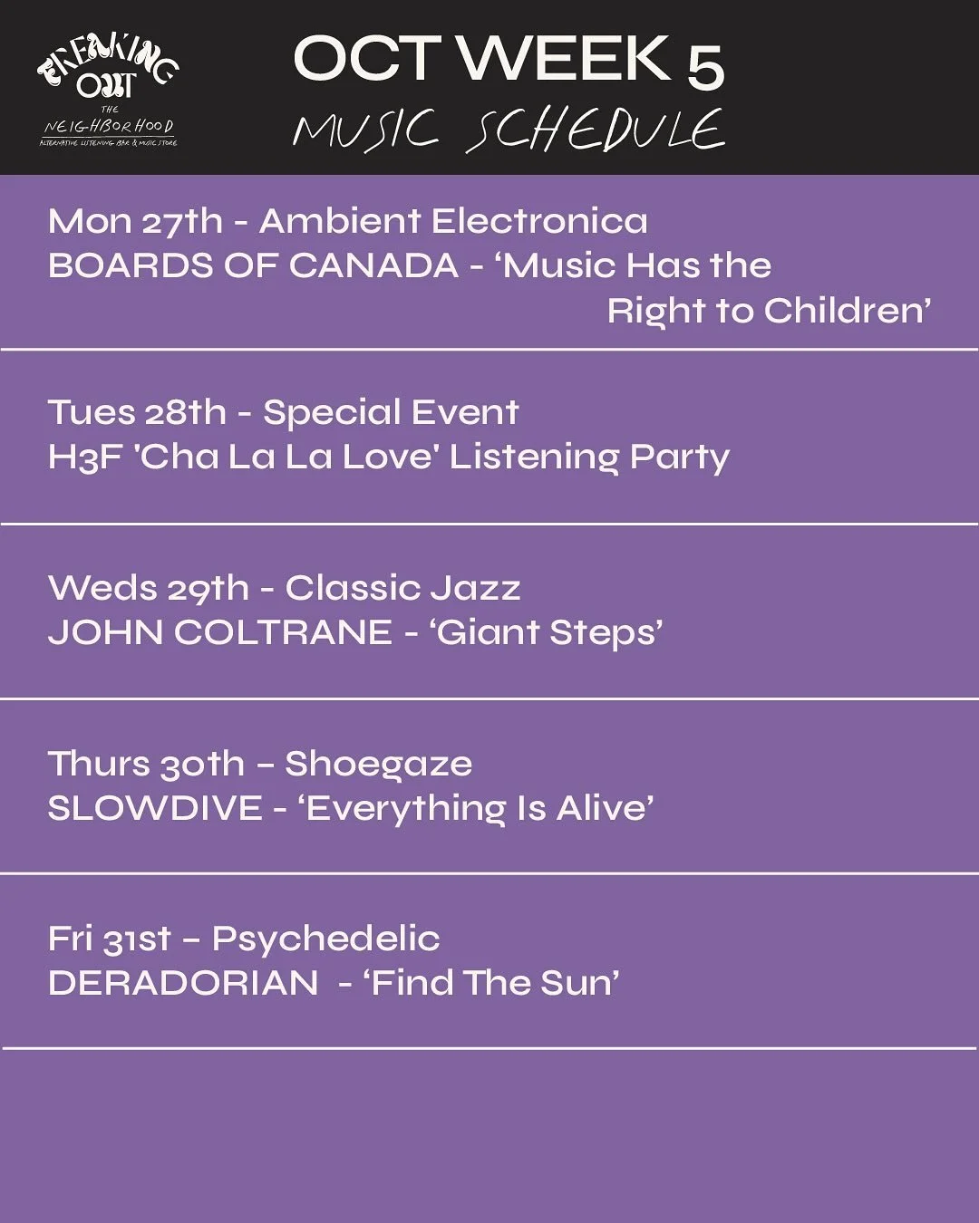 We’re open as usual this week and starting off with ambient electronica with Boards Of Canada ‘Music has the right to children’ 
Tomorrow we have @official.h3f joining us for a special listening session with the band.
Spaces are l