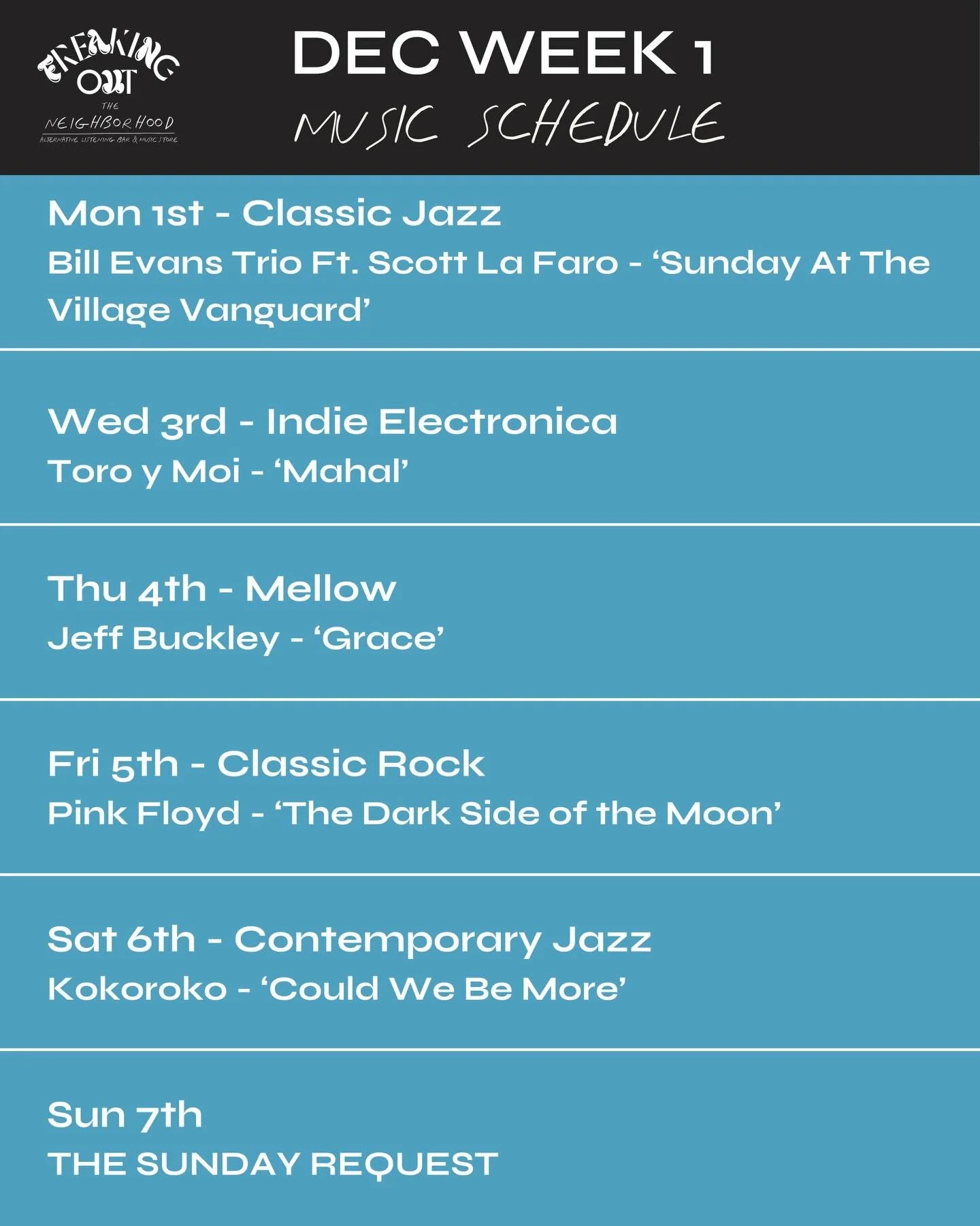 Coming up the rest of this week! Tonight it&rsquo;s indie electronica, tomorrow the beautiful but haunting voice of Jeff Buckley, Friday it&rsquo;s The Dark Side of the Moon and more spacey psychedelic albums and Saturday UK Jazz sounds with Kokoroko