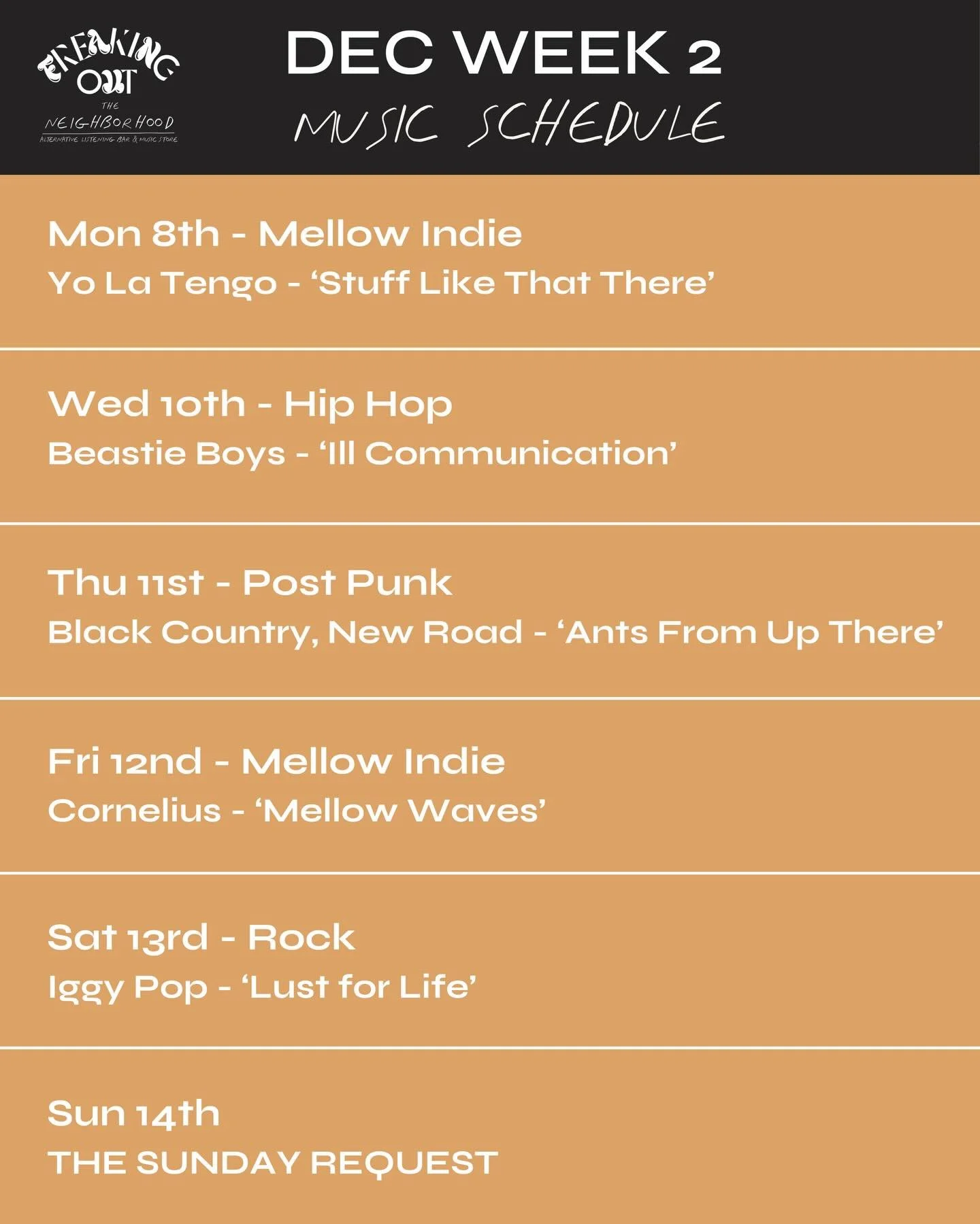 Starting the week with Yo La Tengo &lsquo;Stuff Like That There&rsquo; a soft, low-key gentle indie moods.

Wednesday picks up with Beastie Boys &lsquo;Ill Communication&rsquo; bringing hip hop grit.

Thursday we spotlight Black Country New Road &lsq