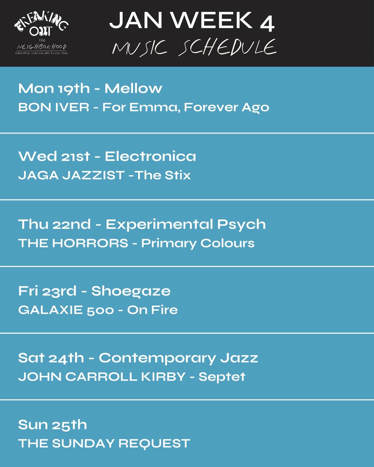 It&rsquo;s a mellow start to the week with Bon Iver &lsquo;For Emma, Forever Ago&rsquo;.

Wednesday we&rsquo;ve got Jazz / Trip Hop / Electronica with Java Jazzist &lsquo;The Stix&rsquo;.

Thursday is all about heavy washed out with The Horrors &lsqu