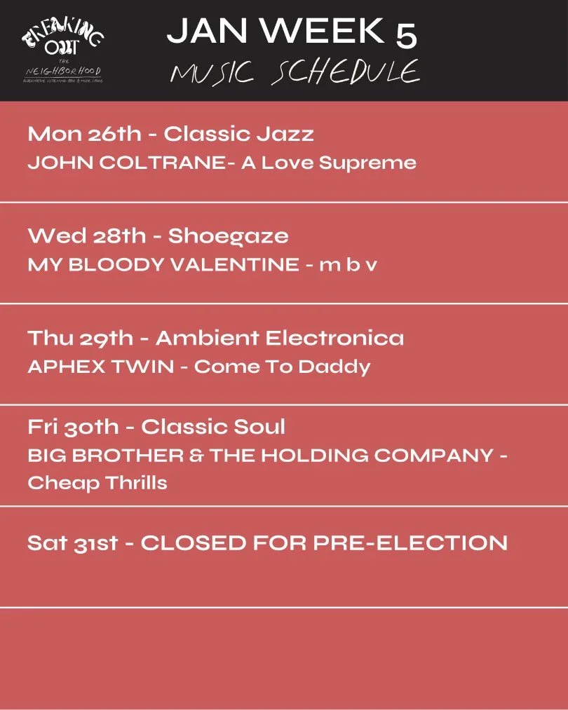 It&rsquo;s a short week to see out January as we have an alcohol ban on Saturday for the elections but we&rsquo;re open as usual on Sunday.

Still plenty of good music for the rest of the week and we added some more Aphex Twin records to our collecti