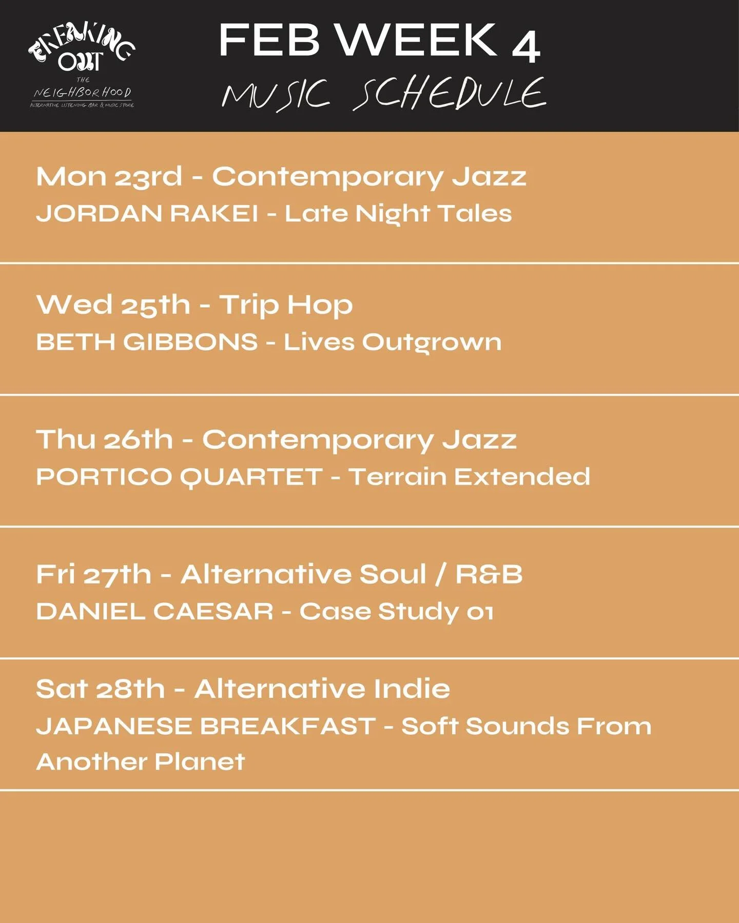 Mon 23 &ndash; Jordan Rakei &lsquo;Late Night Tales&rsquo;
We&rsquo;re lining up all our Late Night Tales compilations tonight.

Wed 25 &ndash; Beth Gibbons &lsquo;Lives Outgrown&rsquo;
Intimate and quietly heavy we&rsquo;re staying with Beth Gibbons