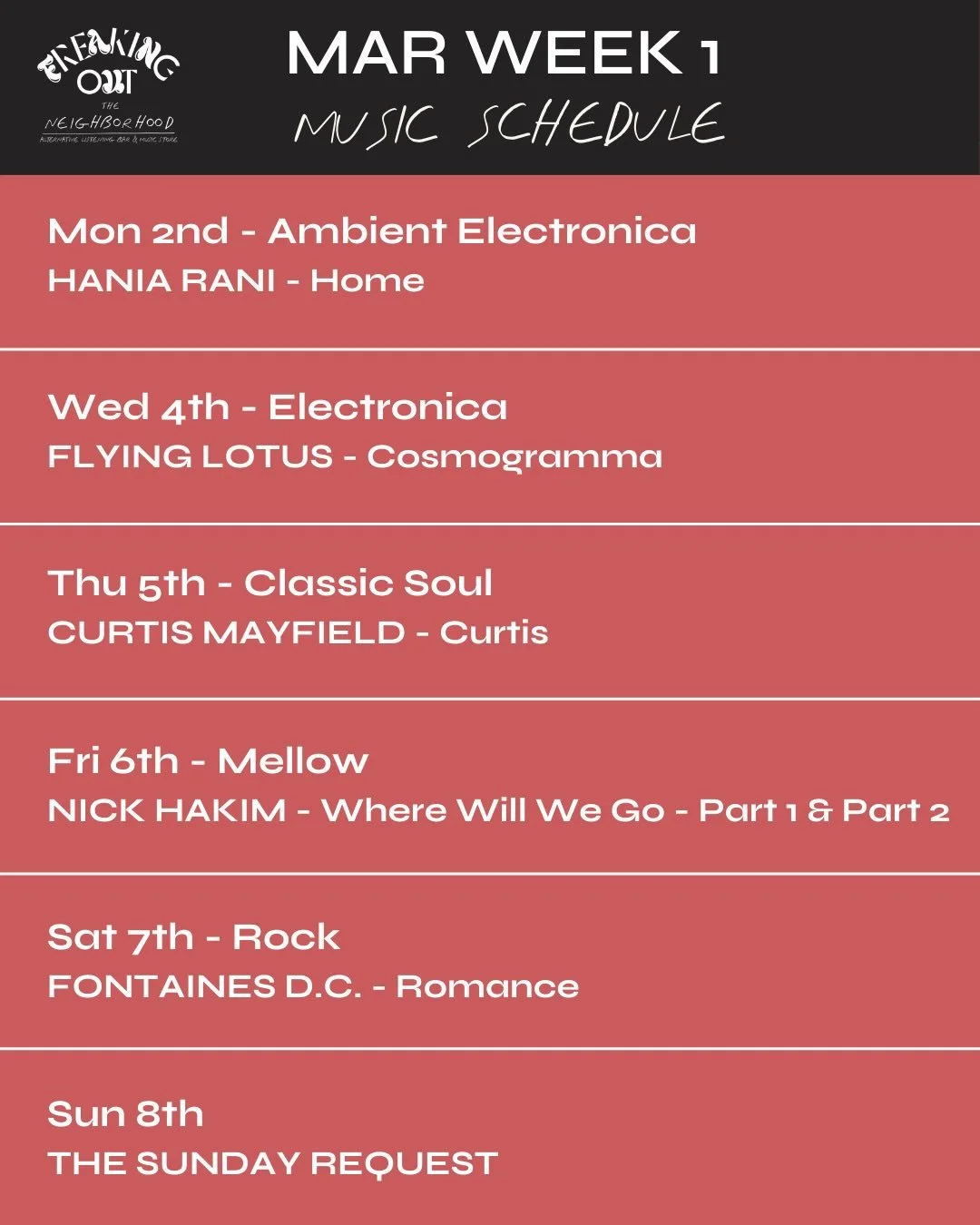 Coming up this week!

Mon 2 &ndash; Hania Rani &lsquo;Home&rsquo;
Ambient electronica to ease into the week.

Wed 4 &ndash; Flying Lotus &lsquo;Cosmogramma&rsquo;
Electronic off-kilter albums. Expect it to move around a bit.

Thu 5 &ndash; Curtis May