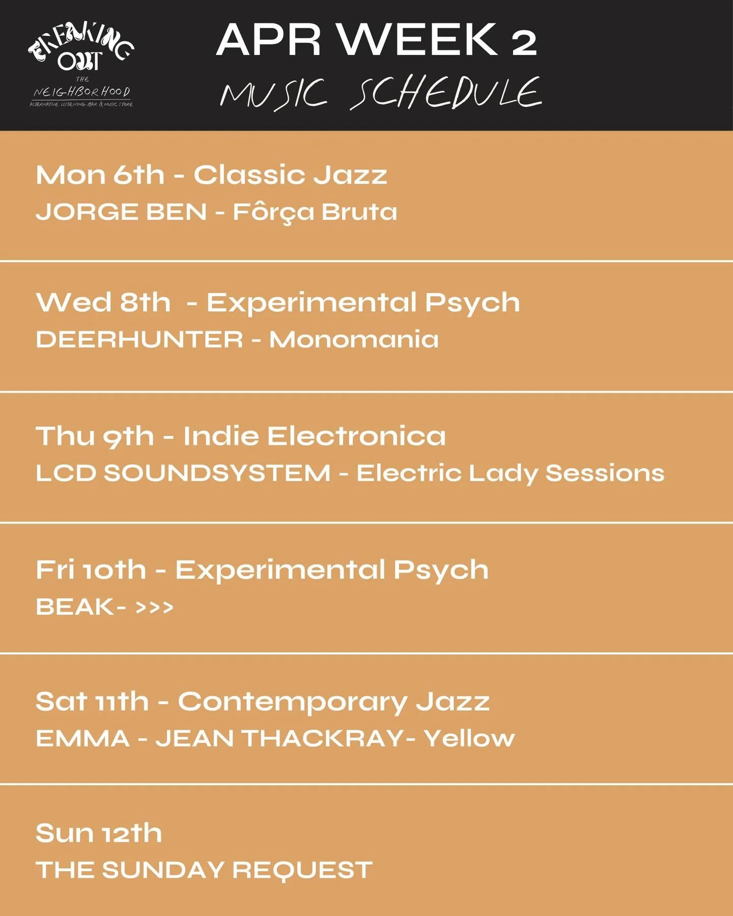 This week we&rsquo;re starting off with Latin/samba sounds tonight, we&rsquo;ve got Deerhunter - Monomania on Wednesday, one of our favourites from their back catalog. 
We keep it pretty high energy for the rest of the week, DM us to get your seats ✌