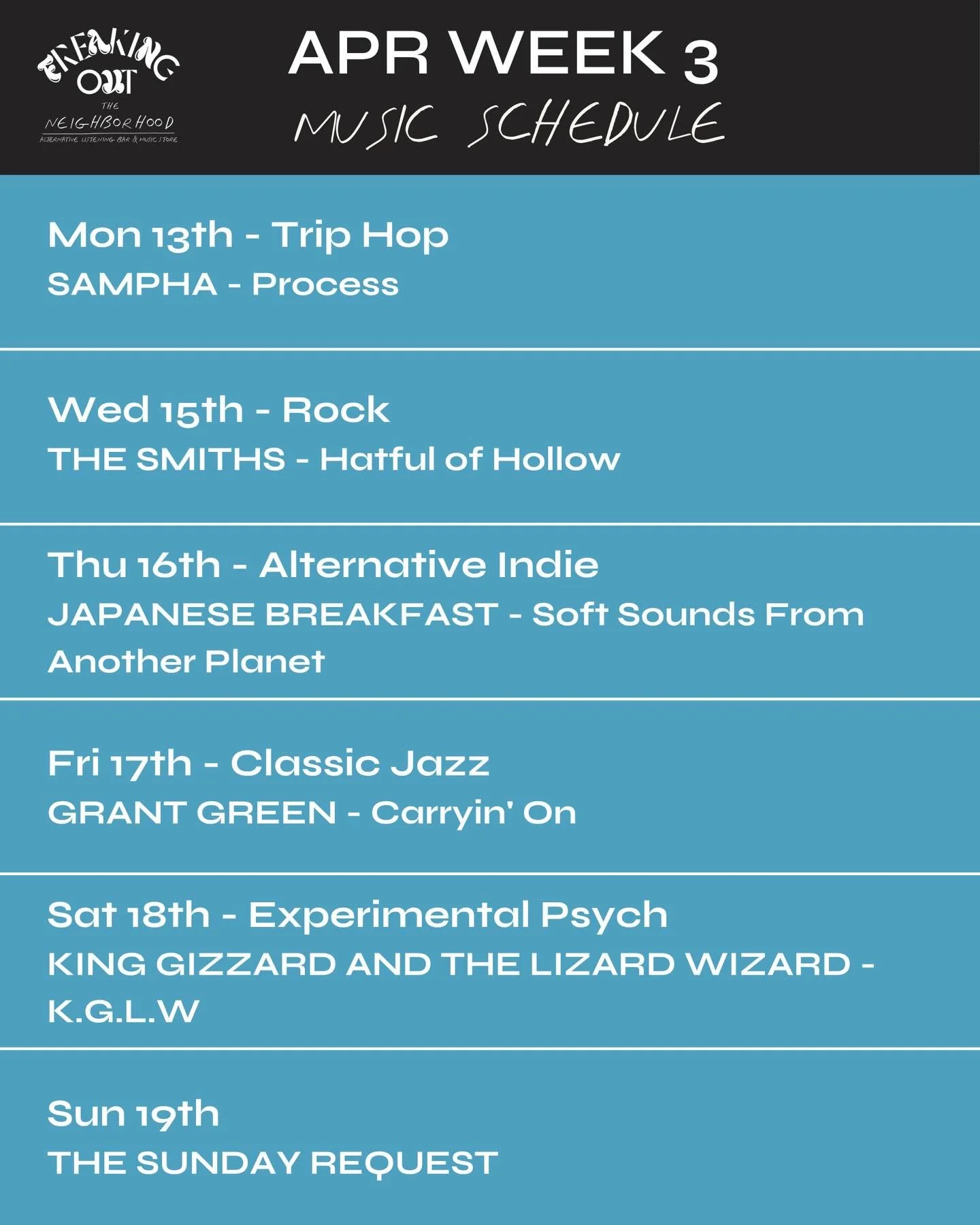 Happy Songkran everyone! We&rsquo;re open as usual and keeping it mellow tonight with Sampha&rsquo;s soulful R&amp;B sounds. We&rsquo;ve got some rock, and indie and then a King Gizzard double album on Saturday to see out the week.