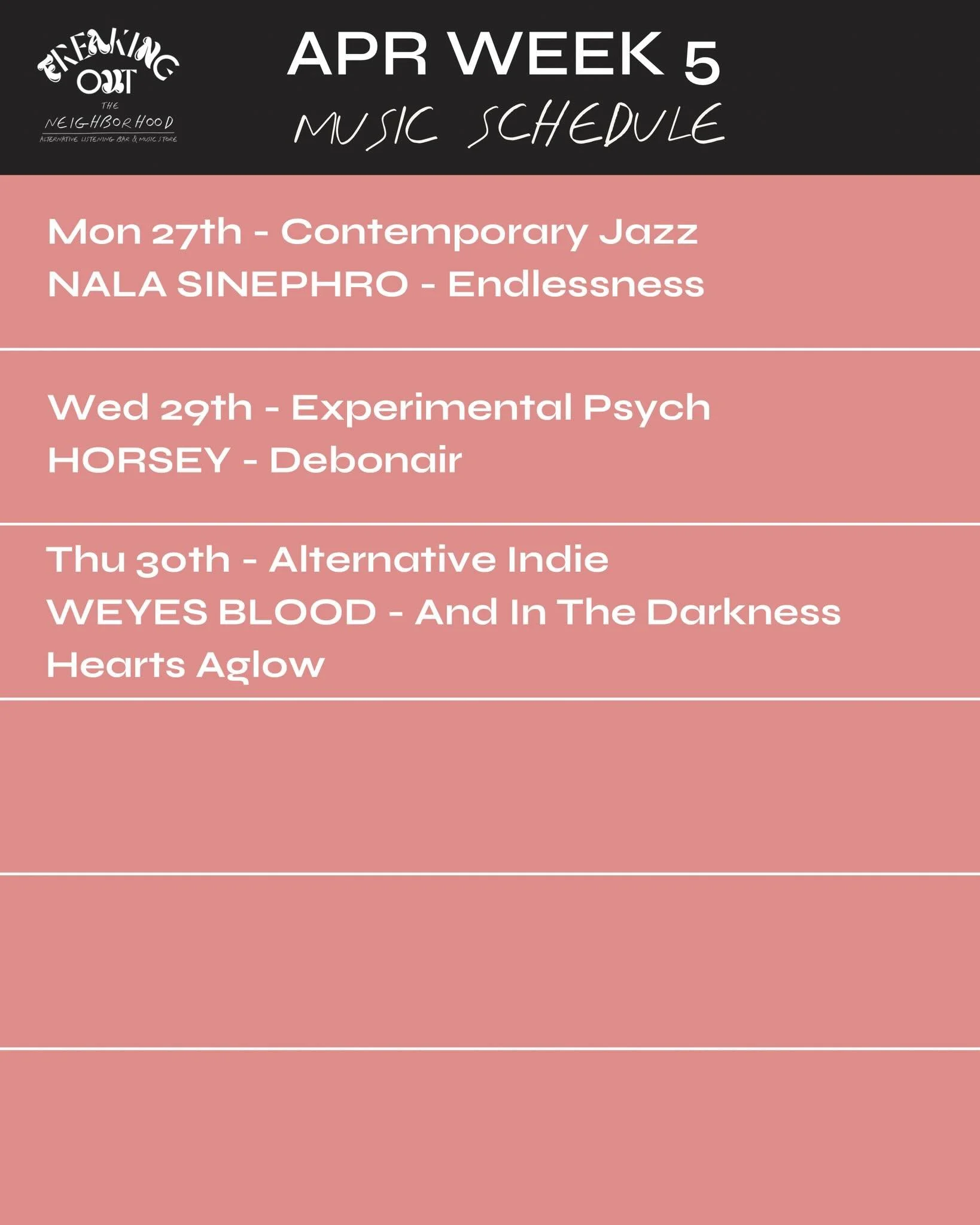 We&rsquo;re finishing off April with ambient jazz electronica sounds from Nala Sinephro tonight.

Experimental / alternative indie Wednesday with Horsey &lsquo;Debonair&rsquo; and mellow folk indie sounds with Weyes Blood on Thursday.