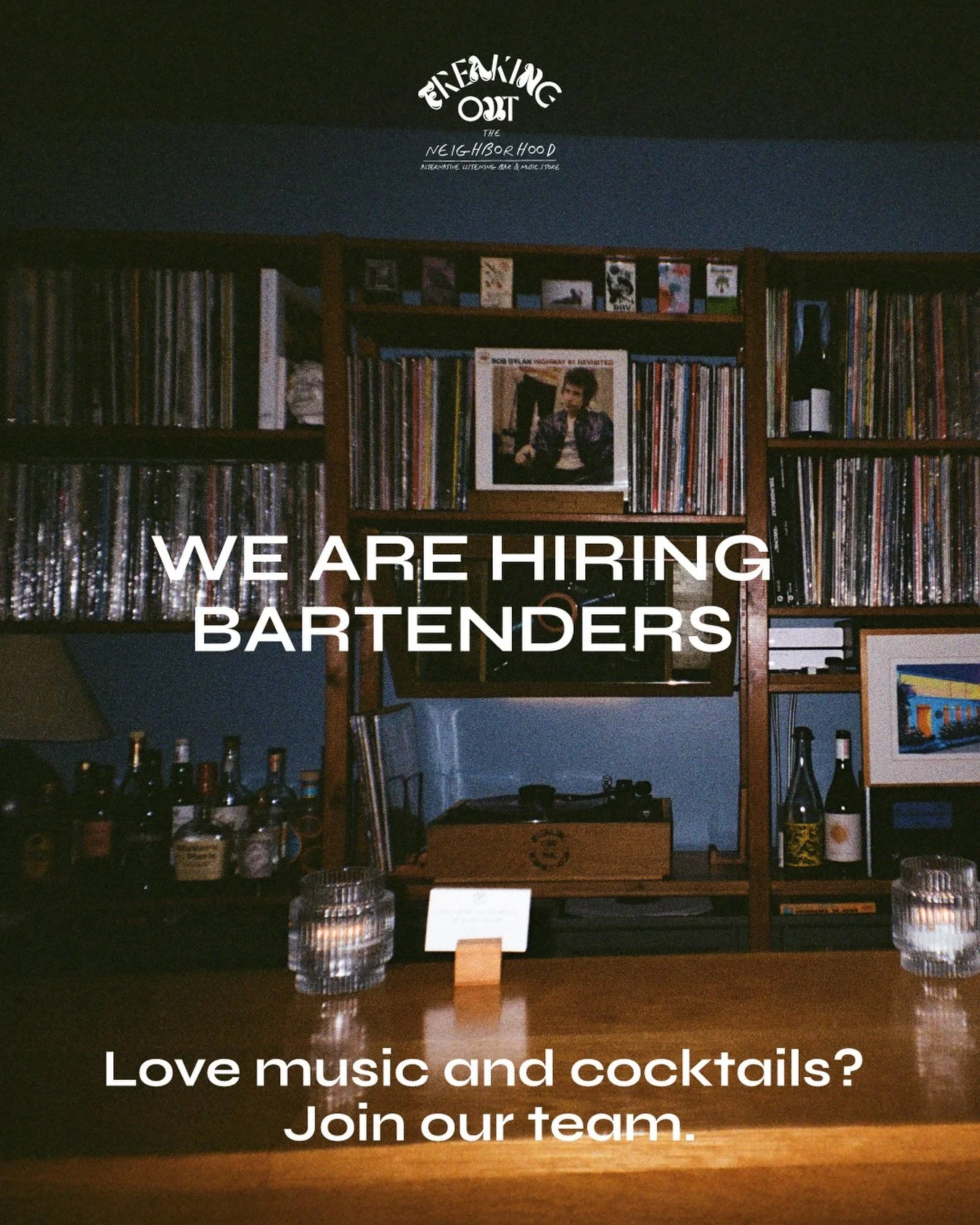 We&rsquo;re looking for people who love music and making drinks.

Full-time and Part-time Bartender spots open now.

DM us or send your CV to hello@freakingout.co