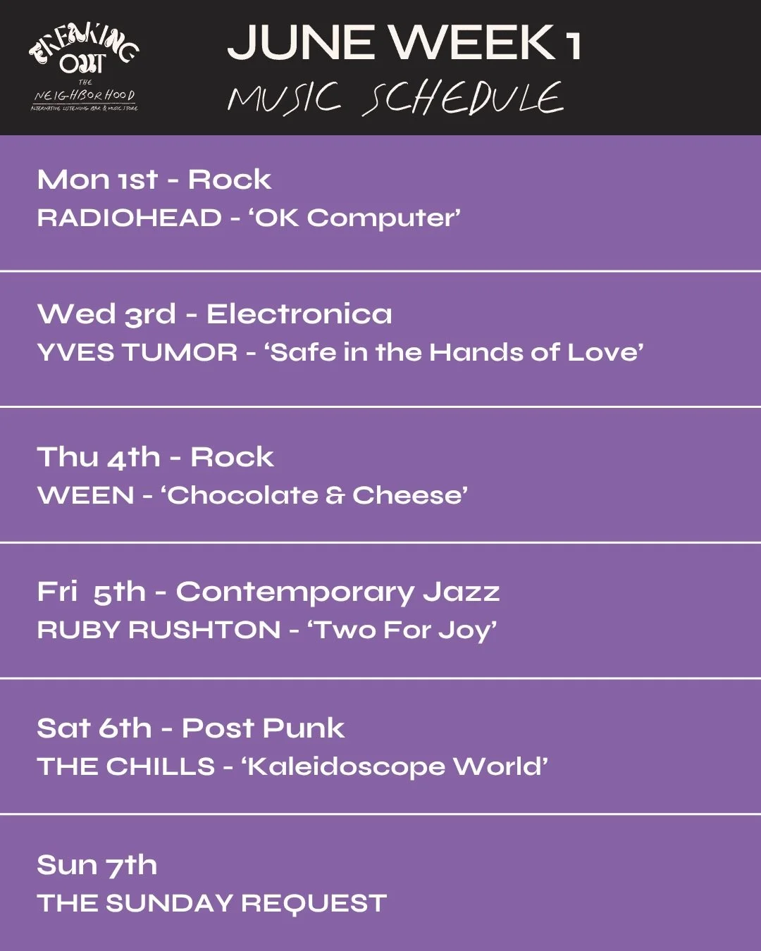 Coming up the rest of this week! 

Wed 3rd &ndash; Yves Tumor &lsquo;Safe in the Hands of Love&rsquo;
Electronica all night. We&rsquo;ll keep things a little left of centre.

Thu 4th &ndash; Ween &lsquo;Chocolate &amp; Cheese&rsquo;
A strange one in 