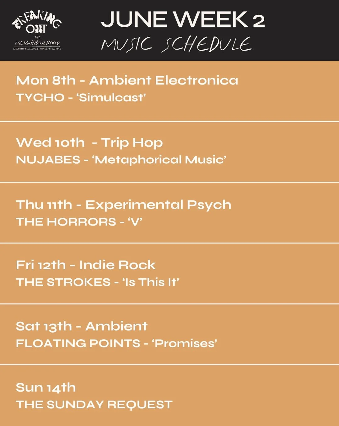 Mon 8th &ndash; Tycho &lsquo;Simulcast&rsquo;
Ambient electronica from Tycho&rsquo;s 2020 album. Warm synths, live drums and melodic instrumentals throughout.

Wed 10th &ndash; Nujabes &lsquo;Metaphorical Music&rsquo;
The debut album from Nujabes. Ja