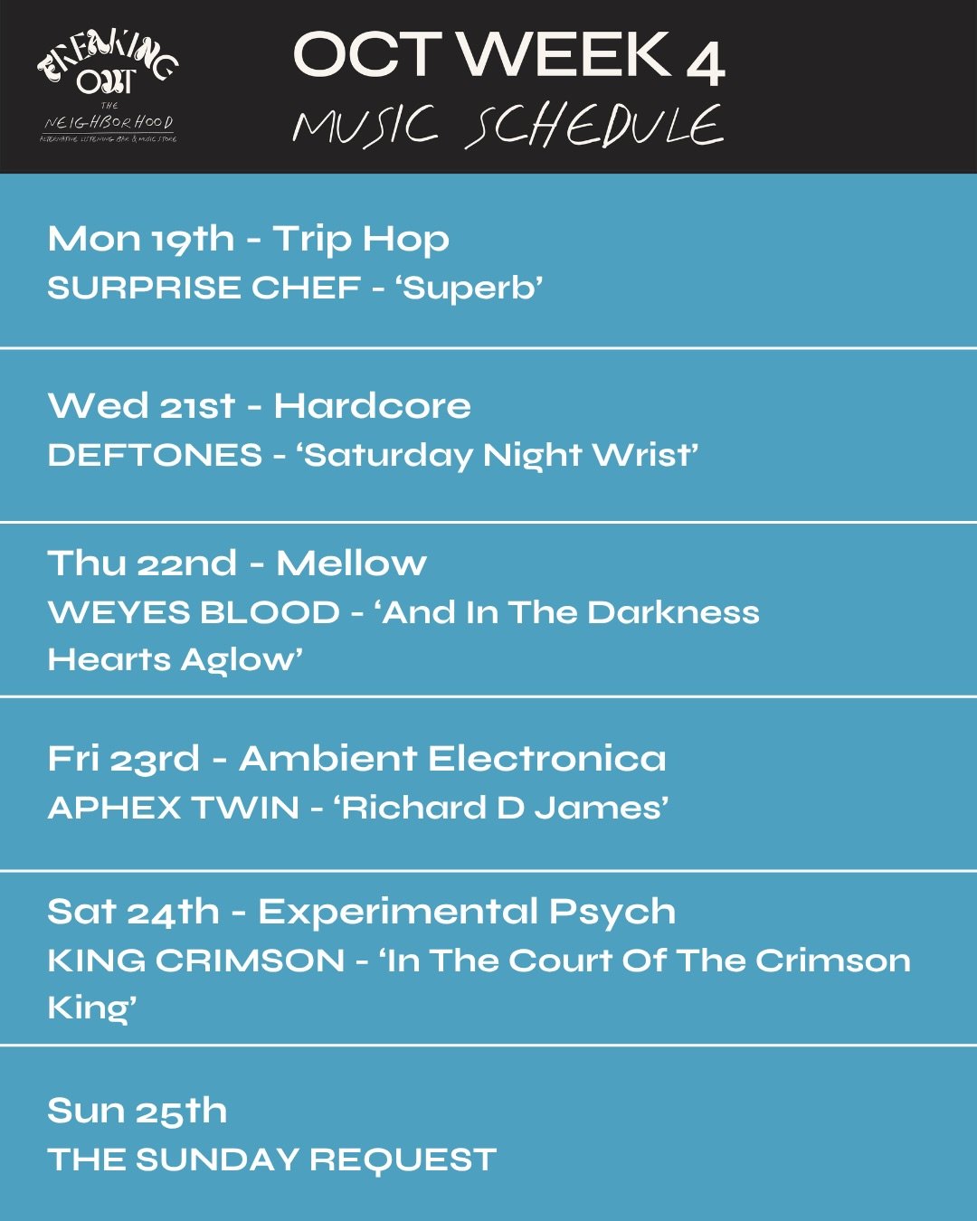 Something for just about every mood this week. We&rsquo;re starting with the laid-back grooves of Surprise Chef, getting heavier with Deftones, slowing things down with Weyes Blood, heading into Aphex Twin&rsquo;s electronic world and finishing Satur