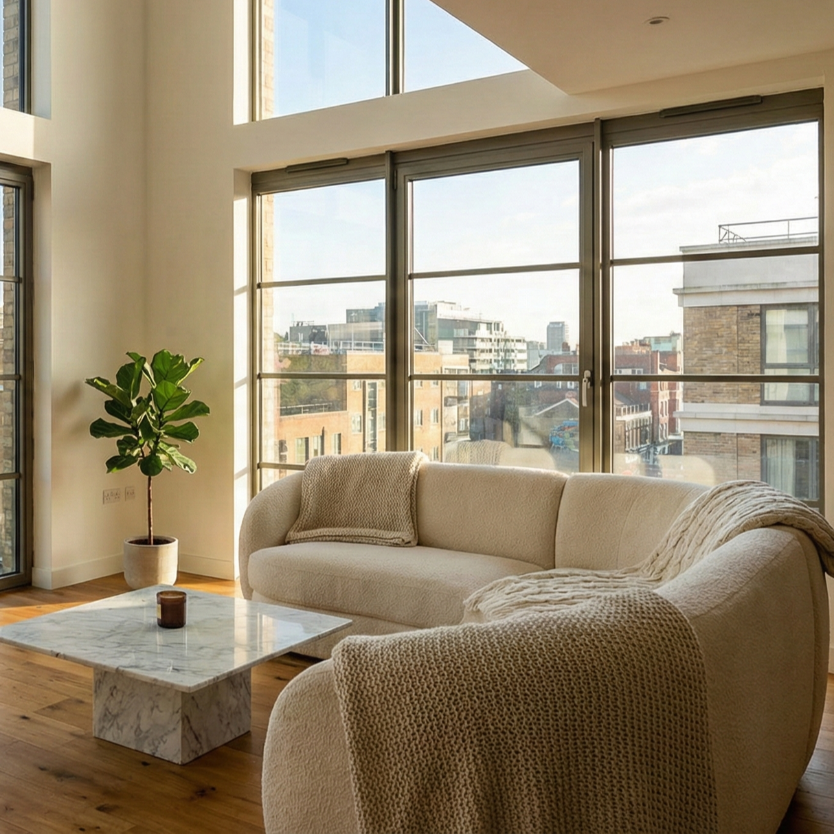 Bright living room with large windows, beige sofa with textured throw blankets, a potted plant, and a marble coffee table.