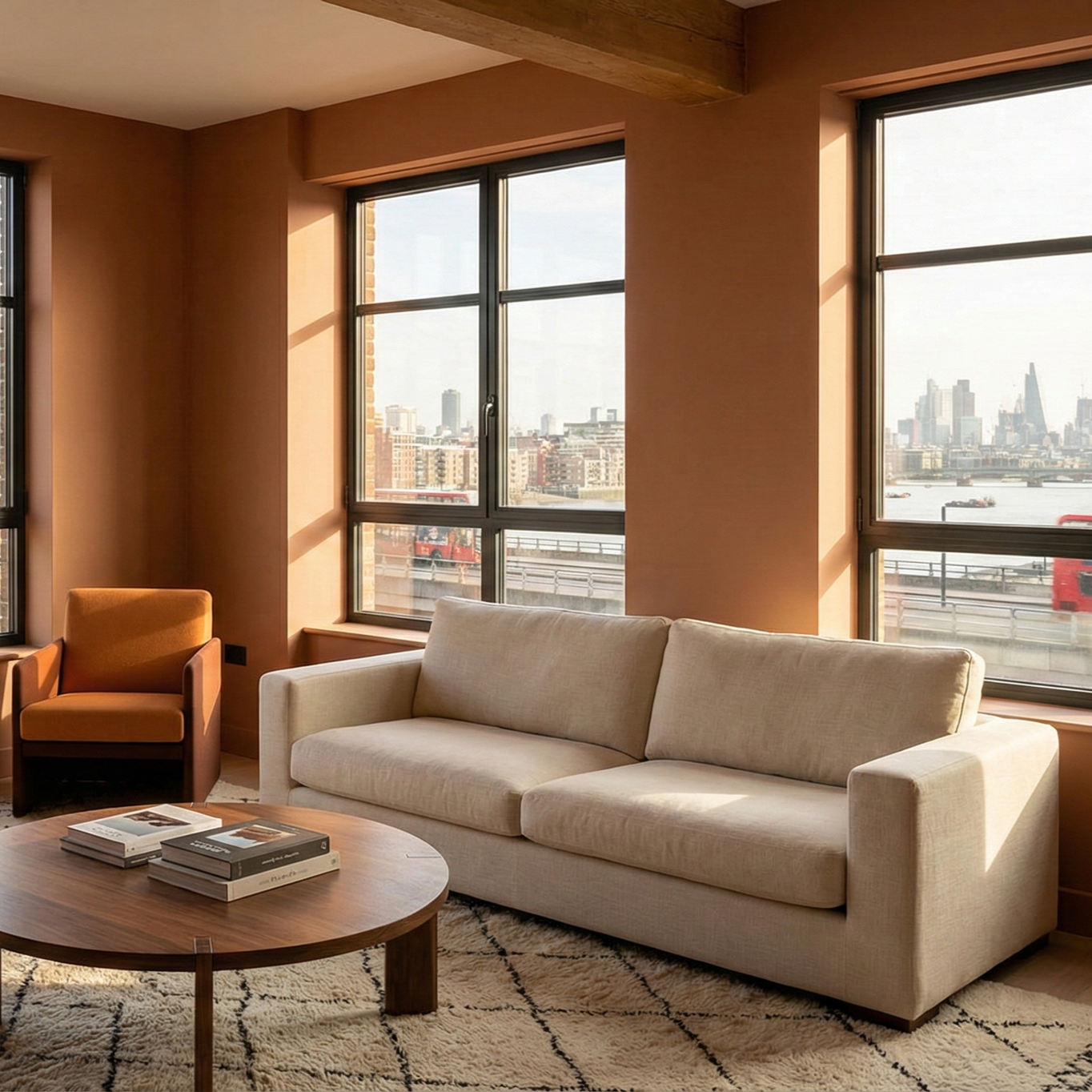 Living room with large windows overlooking a city skyline and river, beige sofa, orange armchair, round wooden coffee table with books, cream-colored rug.