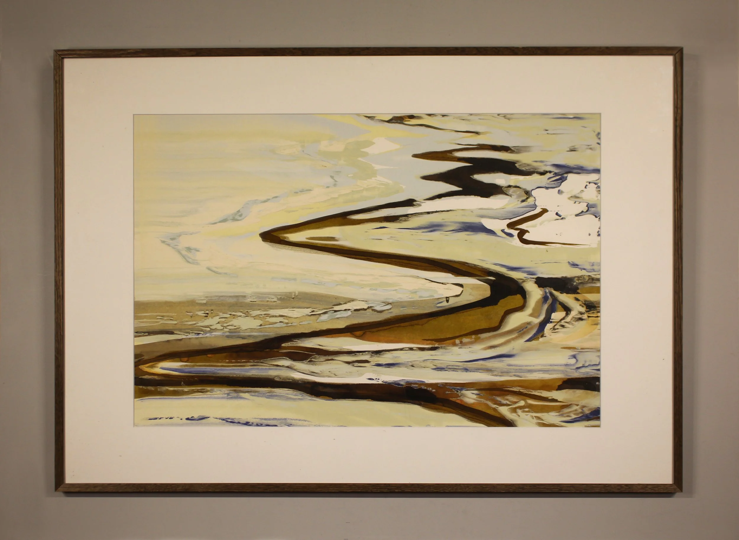 An abstracted ink painting that suggests waves depositing into to the beach. Paint and ink has been poured, seeped and dripped onto the surface in a calligraphic style with earth tones, frothy lemon whites and deeper slate grey tones.