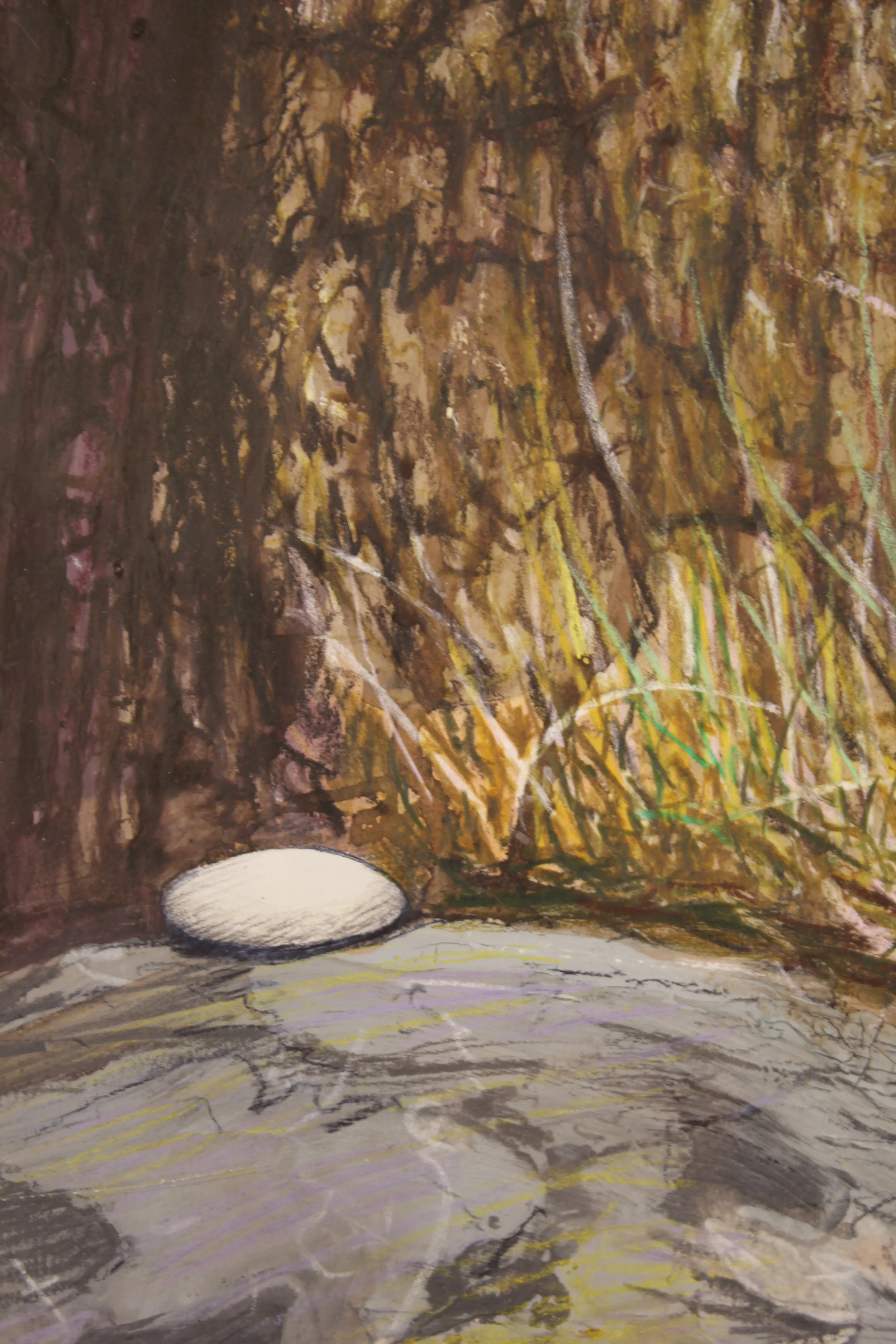 A detailed figurative drawing of the natural elements of cliff face on the rocky shoreline at Chale Bay on the Isle of Wight. The brown and rusty sodden earth mixed with the rock collapses onto the beach mixed with large boulders of chalk deposited a
