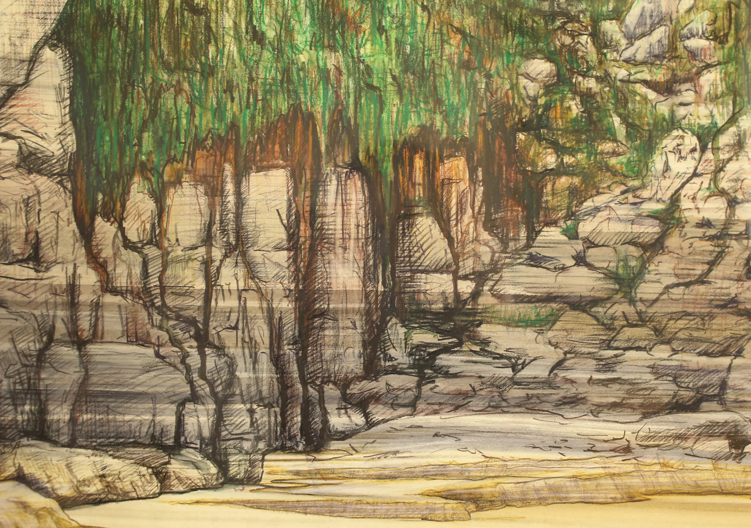 At the back of Porthchapel beach, a river arrives on the beach carving intricate fluid patterns in the sand. Soaring rounded rocks of the cliffside behind are loosely drawn with more expressive mark making foir the foliage hanging onto the side of th