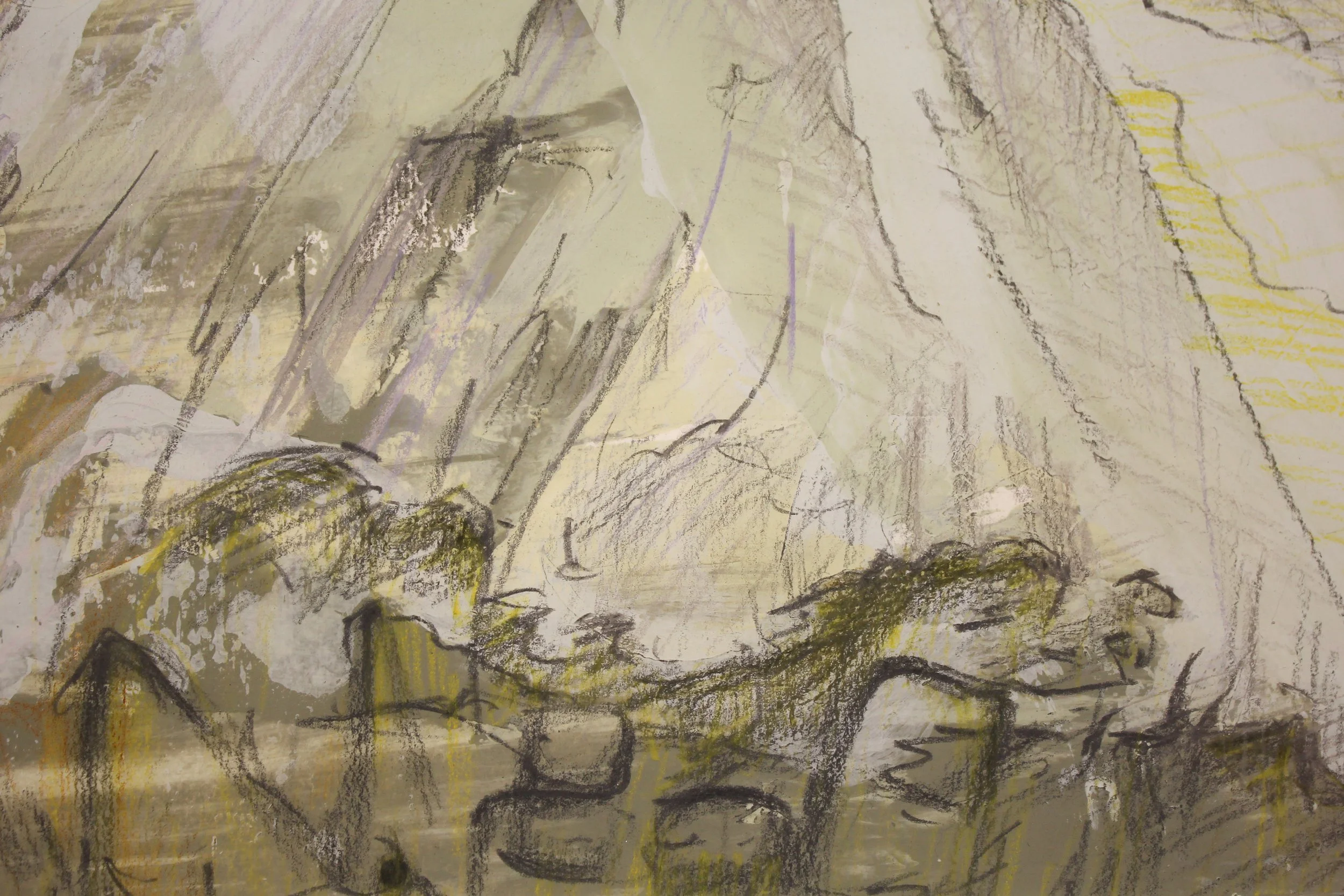 A detailed figurative drawing of the natural elements of cliff face on the rocky shoreline at Chale Bay on the Isle of Wight. The brown and rusty sodden earth mixed with the rock collapses onto the beach mixed with large boulders of chalk deposited a