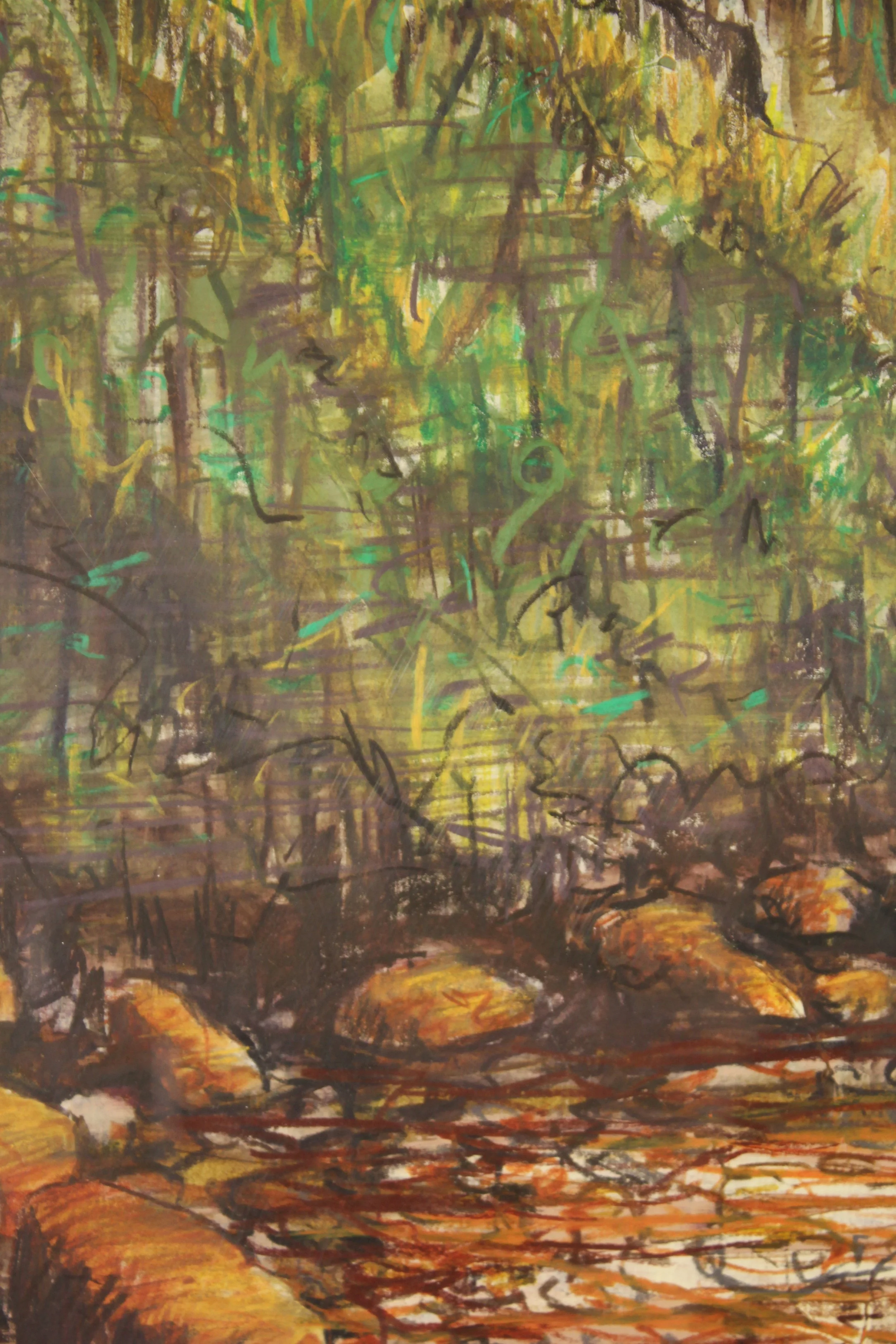 A detailed landscape drawing from the rocky shoreline at Bonchurch on the Isle of Wight where the rusty red iron in the earth and rocks seeps into the sea staining the beach orange in veined rivulets. This coastal seascape captures the large boulders