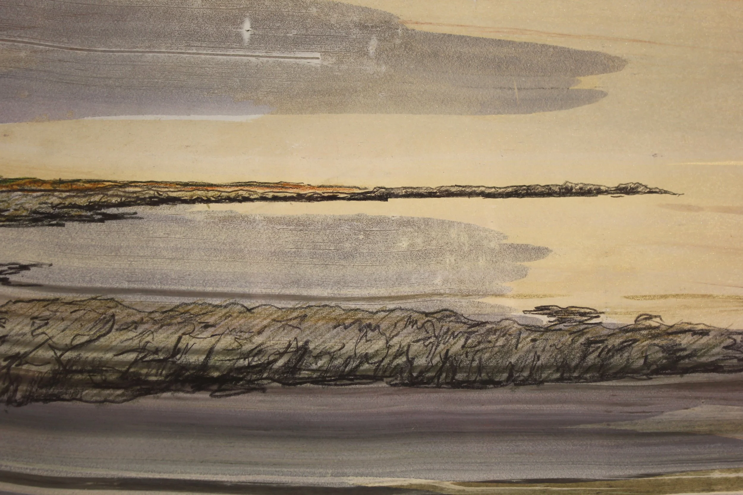An abstracted drawing of the view eastwards from Prawle Point in Devon.  Chalky Farrow & Ball paint and ink has been dragged across the surface. Into this, expressive drawing of rocks and headlands has been overlaid with watercolour pencil.