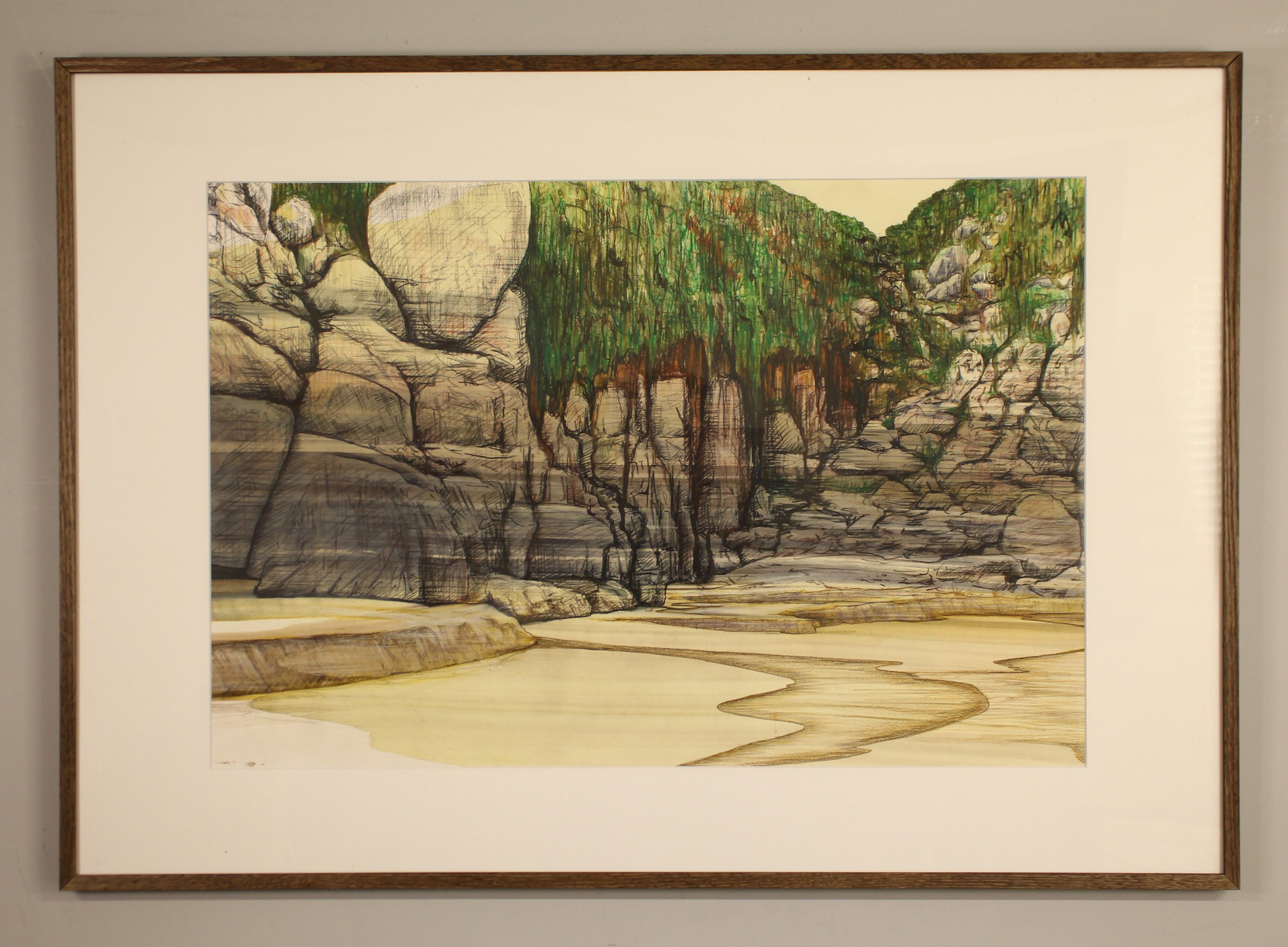 At the back of Porthchapel beach, a river arrives on the beach carving intricate fluid patterns in the sand. Soaring rounded rocks of the cliffside behind are loosely drawn with more expressive mark making foir the foliage hanging onto the side of th