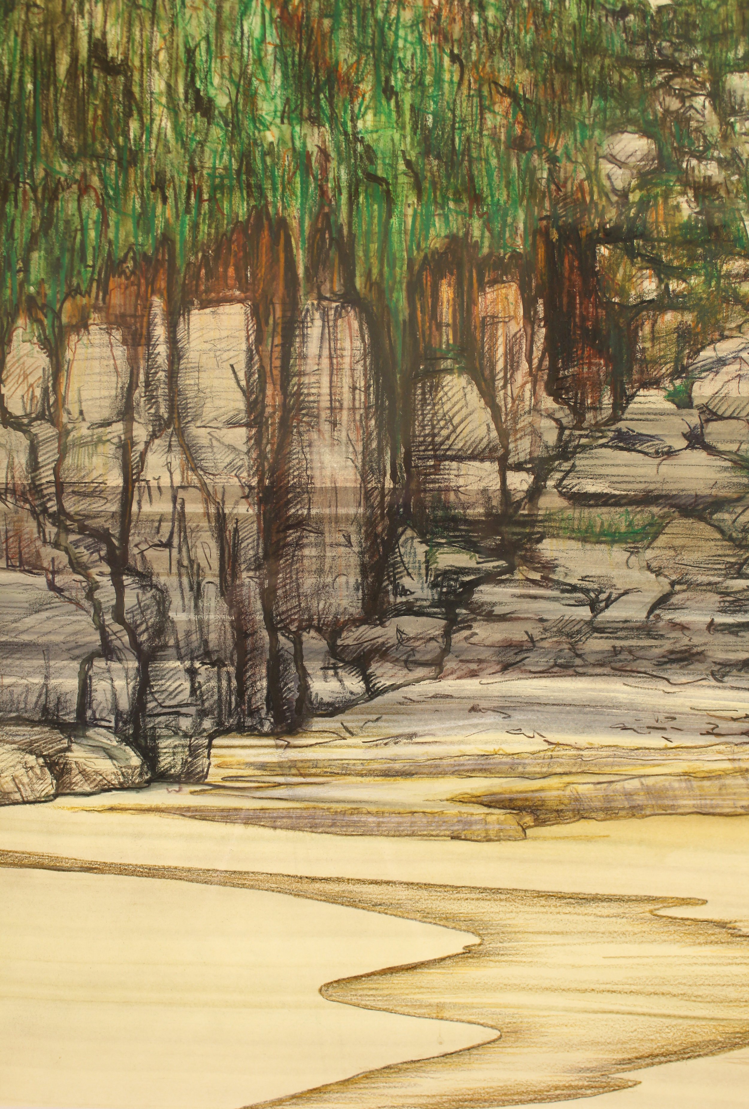 At the back of Porthchapel beach, a river arrives on the beach carving intricate fluid patterns in the sand. Soaring rounded rocks of the cliffside behind are loosely drawn with more expressive mark making foir the foliage hanging onto the side of th