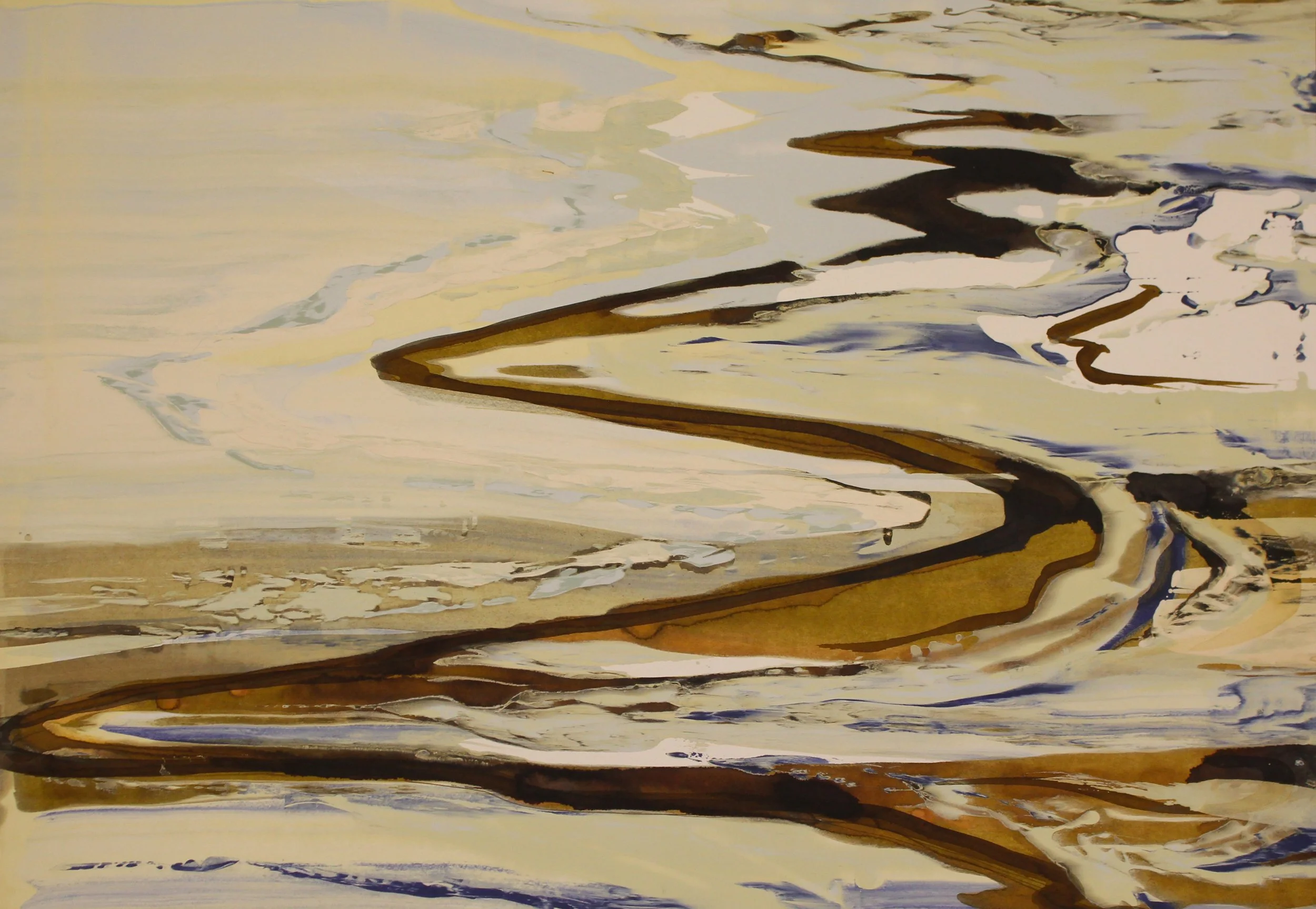 An abstracted ink painting that suggests waves depositing into to the beach. Paint and ink has been poured, seeped and dripped onto the surface in a calligraphic style with earth tones, frothy lemon whites and deeper slate grey tones.