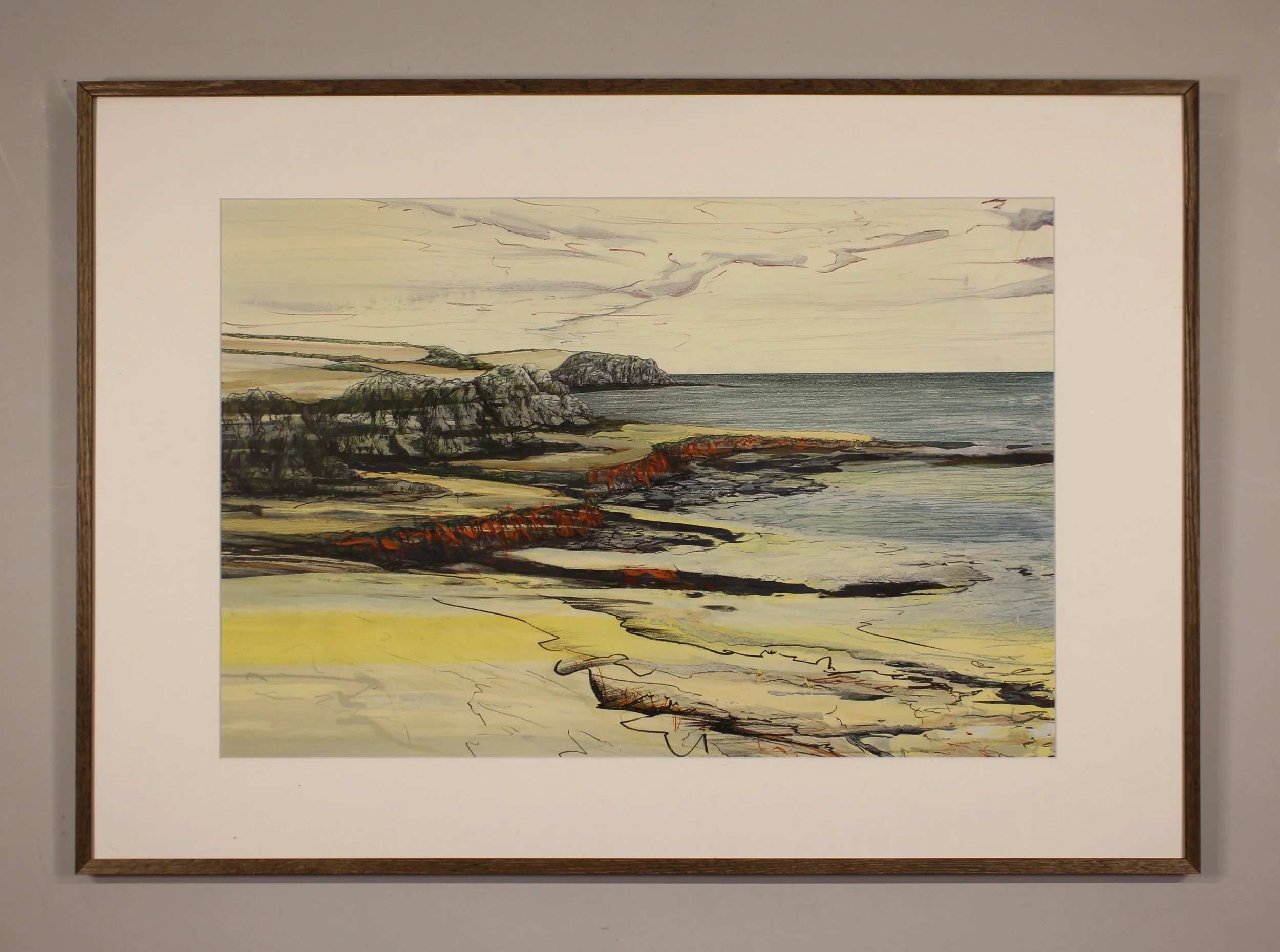 An abstracted drawing of the view eastwards from Prawle Point in Devon.  Chalky Farrow & Ball paint and ink has been dragged across the surface. Into this, expressive drawing of rocks and headlands has been overlaid with watercolour pencil.