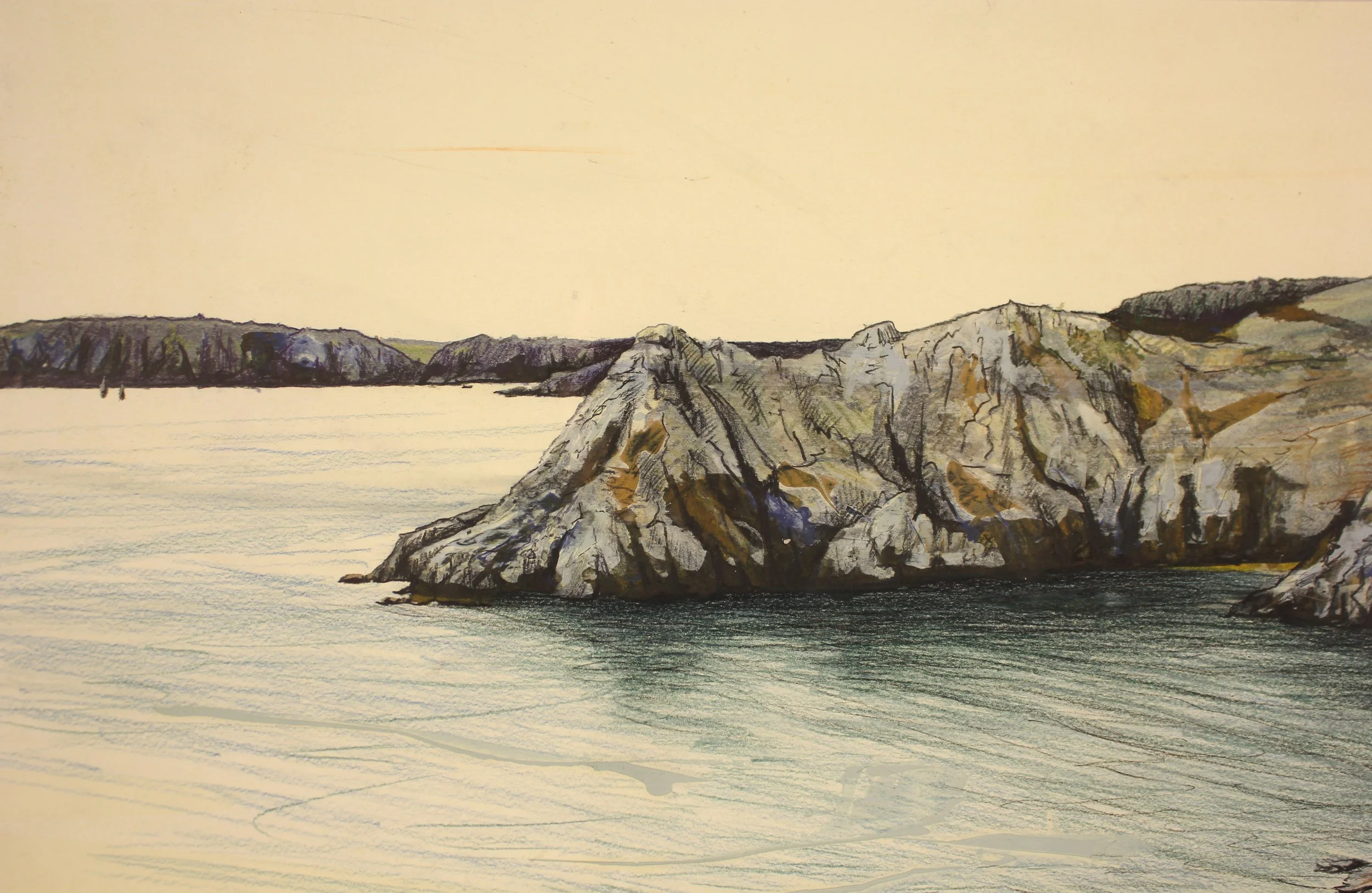 A sparse figurative drawing and painting of Gammon Head in Devon close to Salcombe. On the horizon a distant silhouetted headland leads to closer rocks and headlands with loose mark marking and expressive ink work. The rippled sea green blue of the w