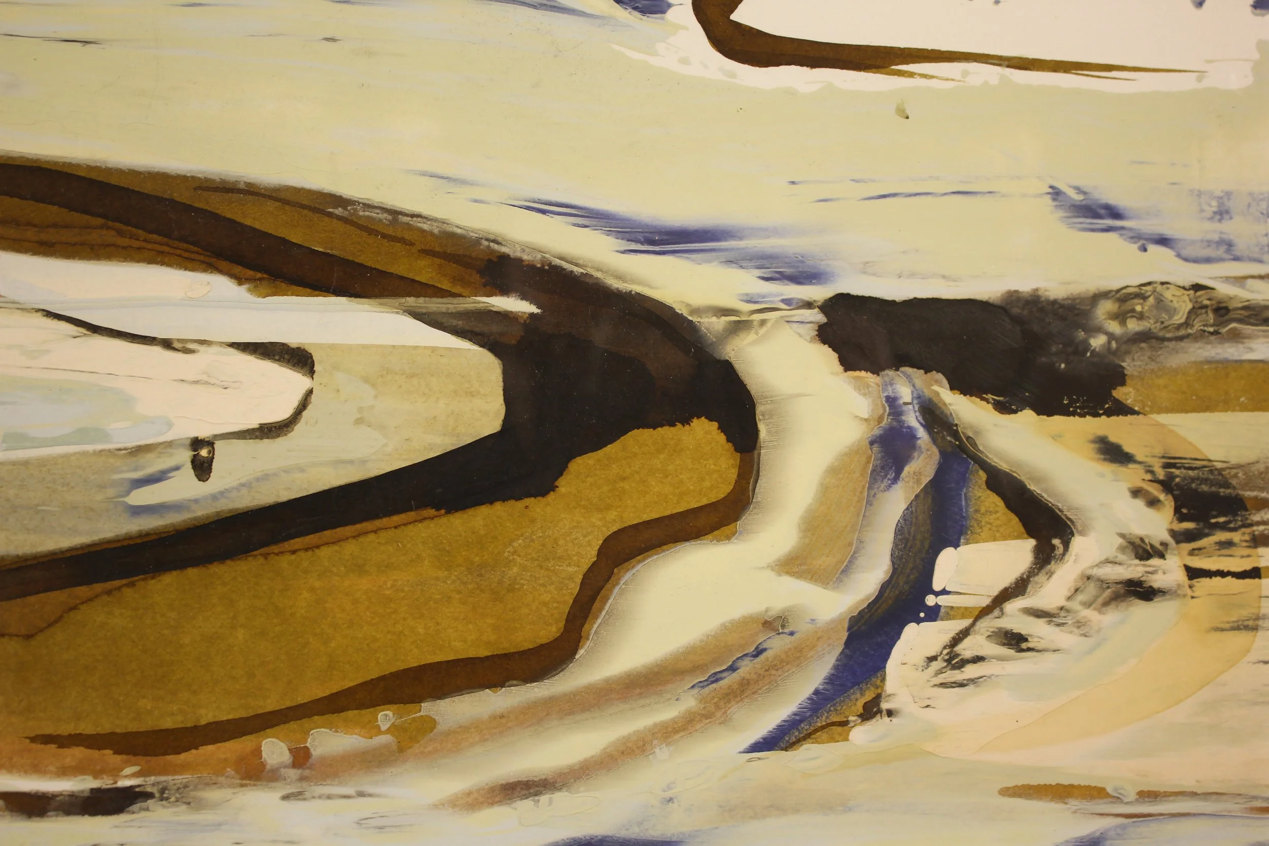 An abstracted ink painting that suggests waves depositing into to the beach. Paint and ink has been poured, seeped and dripped onto the surface in a calligraphic style with earth tones, frothy lemon whites and deeper slate grey tones.