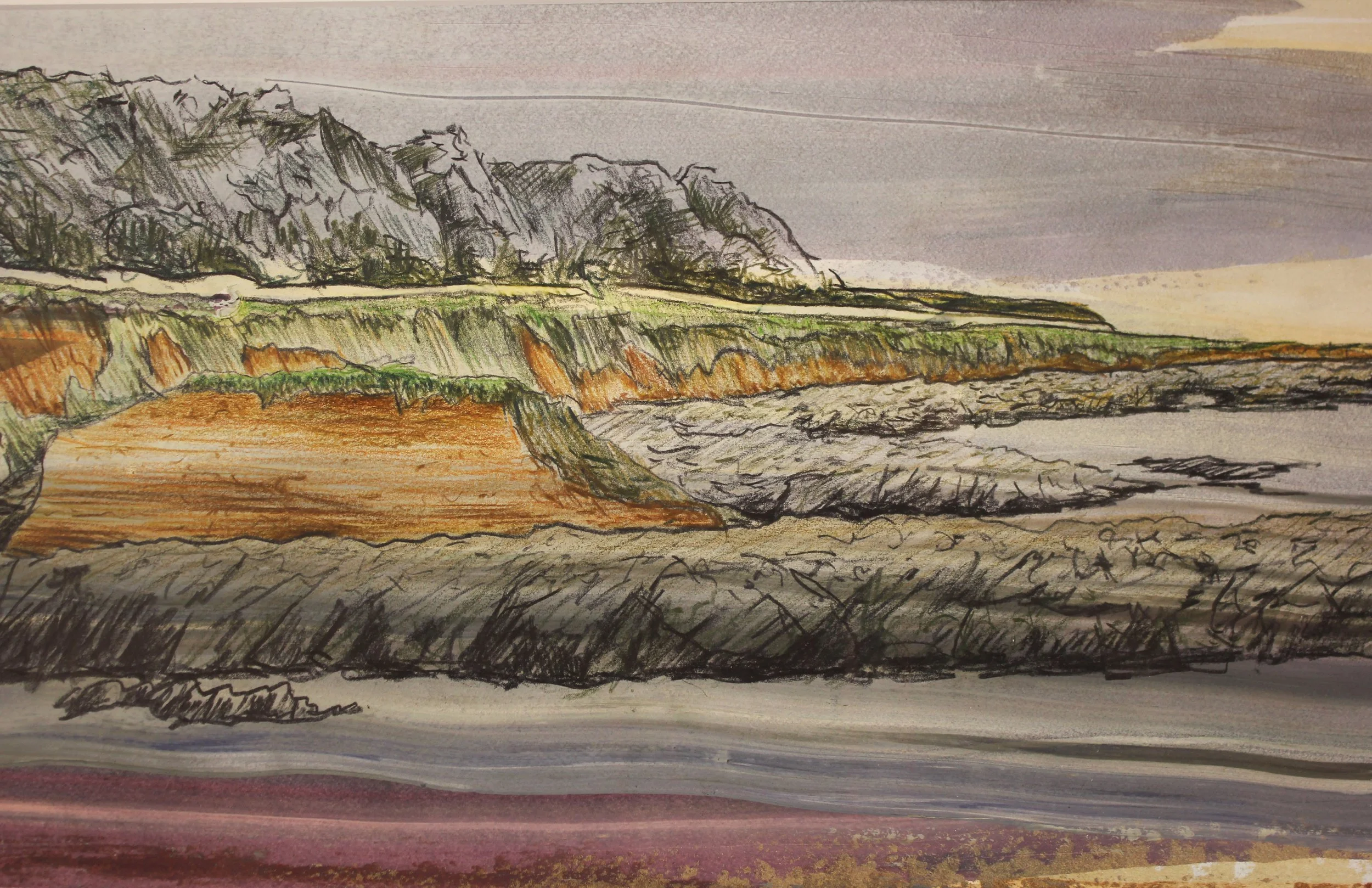 An abstracted drawing of the view eastwards from Prawle Point in Devon.  Chalky Farrow & Ball paint and ink has been dragged across the surface. Into this, expressive drawing of rocks and headlands has been overlaid with watercolour pencil.