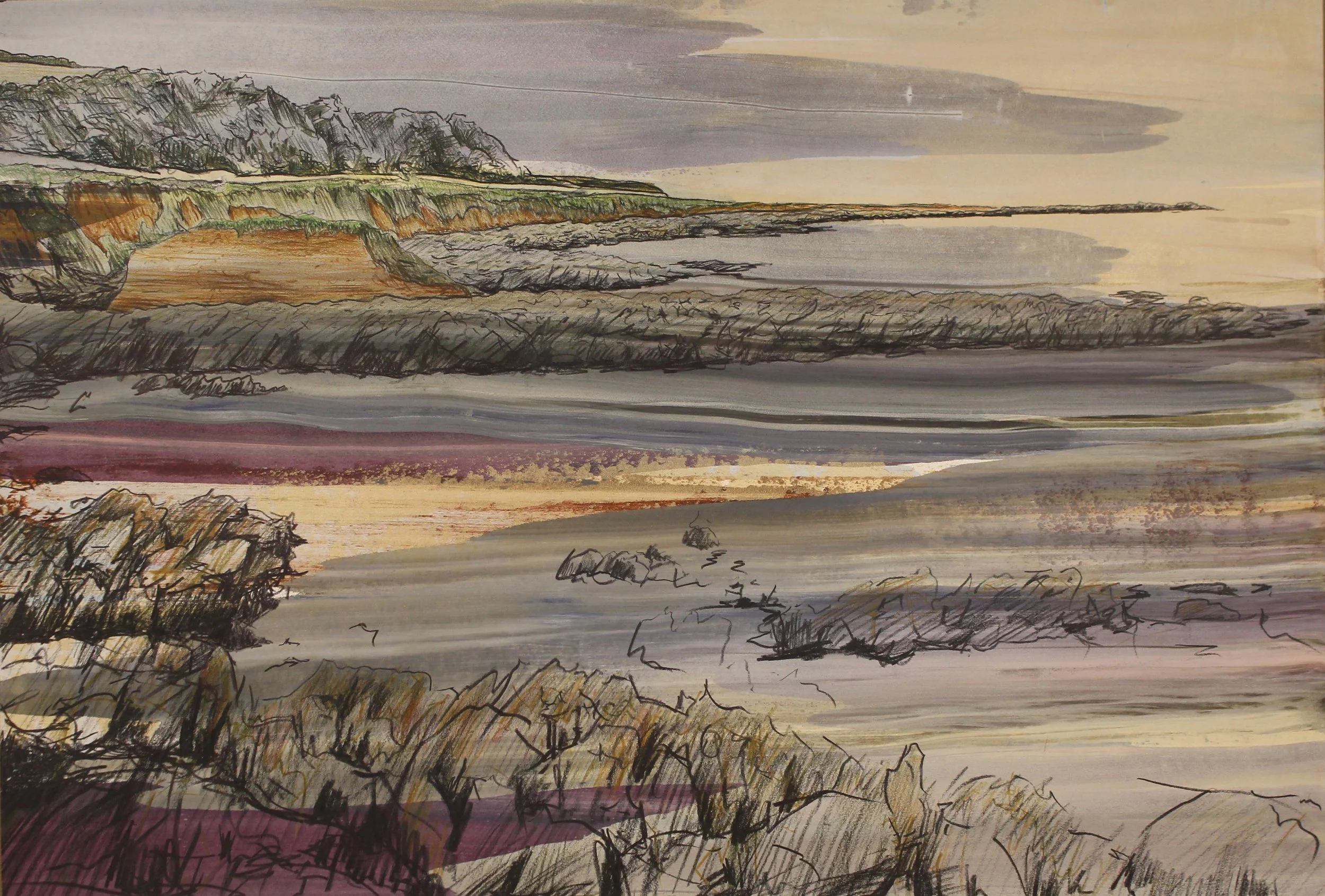 An abstracted drawing of the view eastwards from Prawle Point in Devon.  Chalky Farrow & Ball paint and ink has been dragged across the surface. Into this, expressive drawing of rocks and headlands has been overlaid with watercolour pencil.