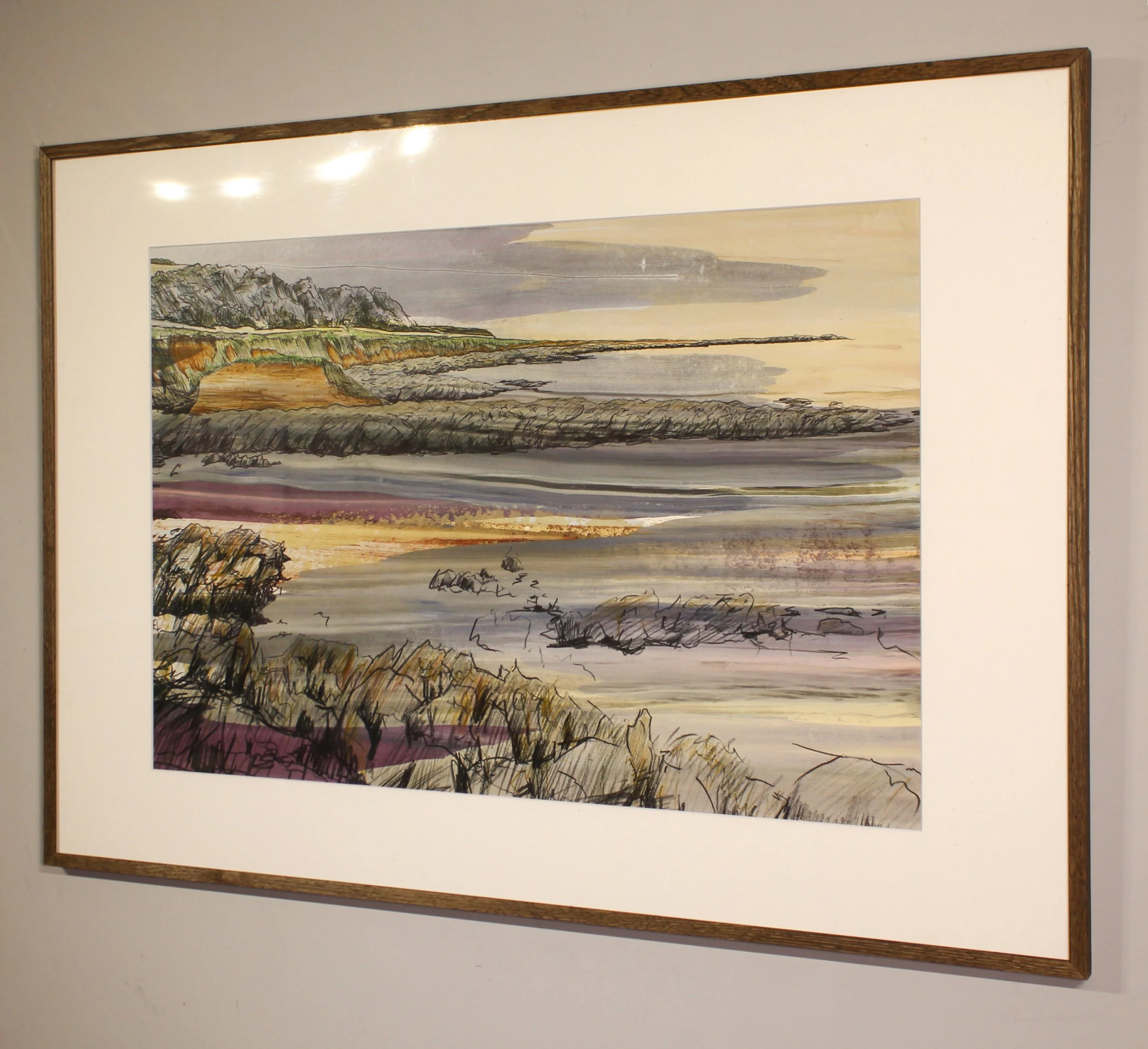 An abstracted drawing of the view eastwards from Prawle Point in Devon.  Chalky Farrow & Ball paint and ink has been dragged across the surface. Into this, expressive drawing of rocks and headlands has been overlaid with watercolour pencil.
