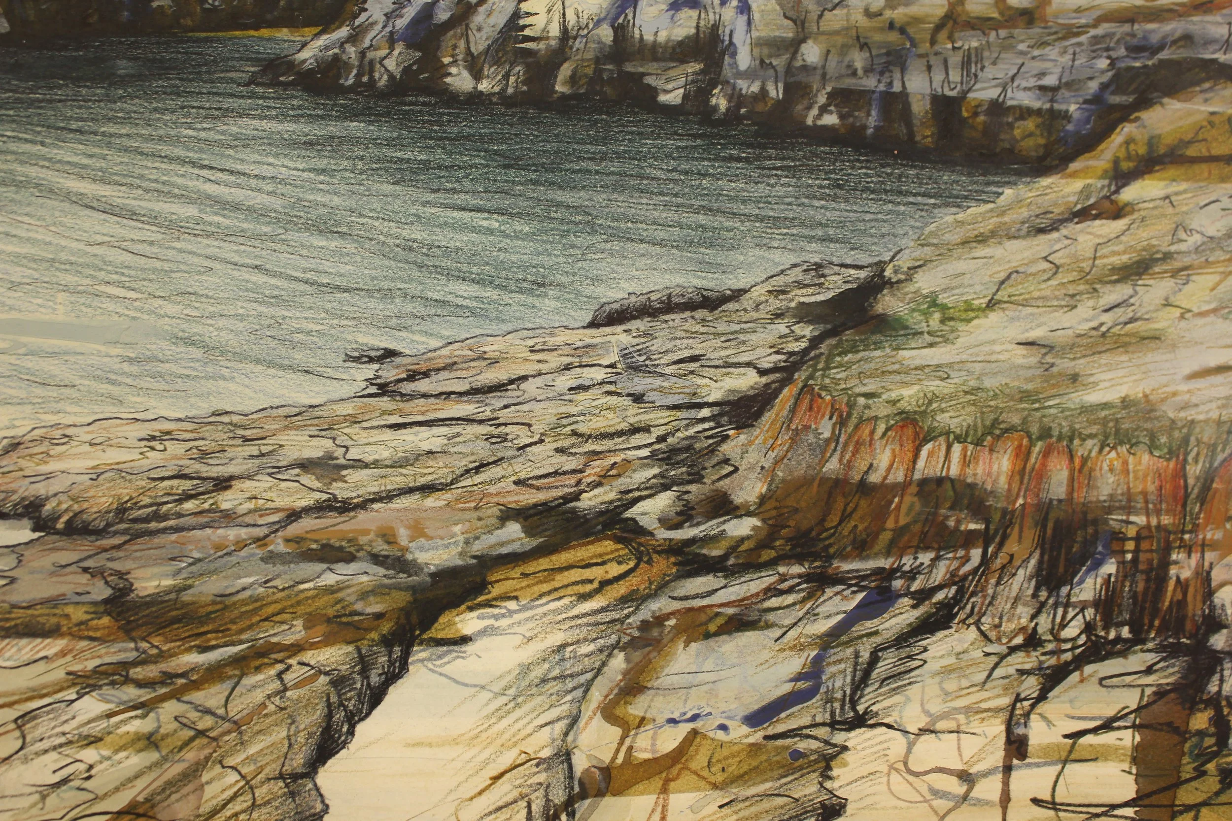 A sparse figurative drawing and painting of Gammon Head in Devon close to Salcombe. On the horizon a distant silhouetted headland leads to closer rocks and headlands with loose mark marking and expressive ink work. The rippled sea green blue of the w