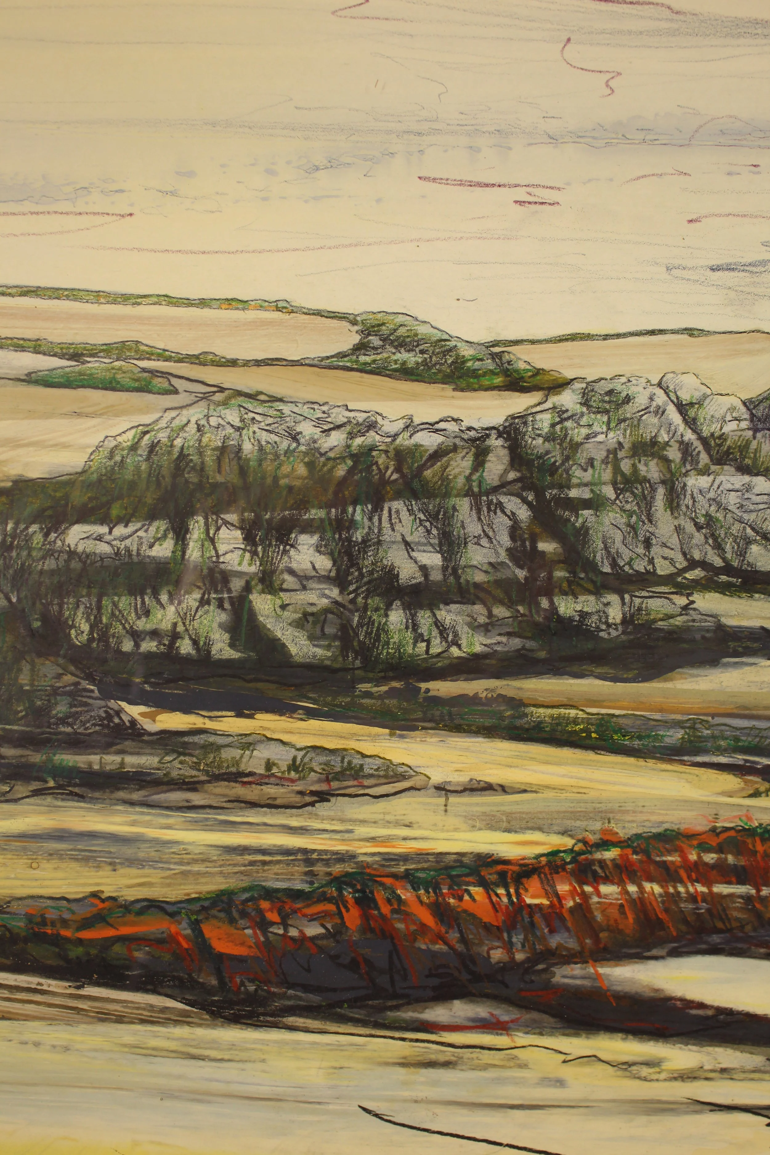 An abstracted drawing of the view eastwards from Prawle Point in Devon.  Chalky Farrow & Ball paint and ink has been dragged across the surface. Into this, expressive drawing of rocks and headlands has been overlaid with watercolour pencil.