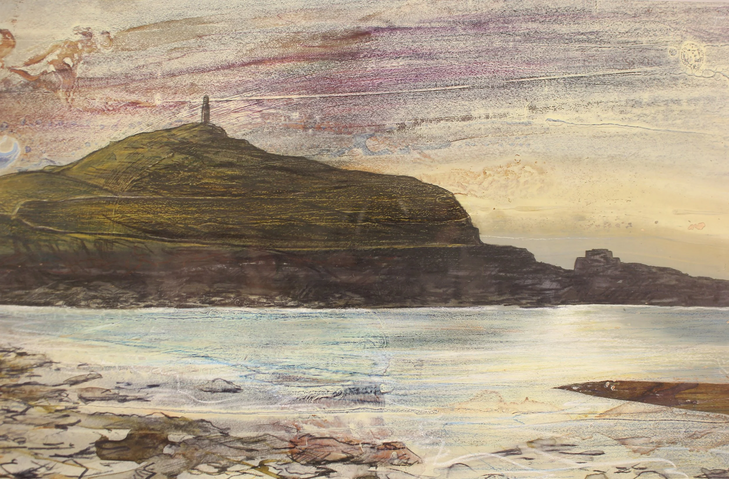 A colourful and moody drawing of a rocky beach with the Cape Cornwall headland on the horizon and a golden soft sunset behind. Expressive mark making ion the fore=ground ctreates the textures of the rocks on the sea shore.